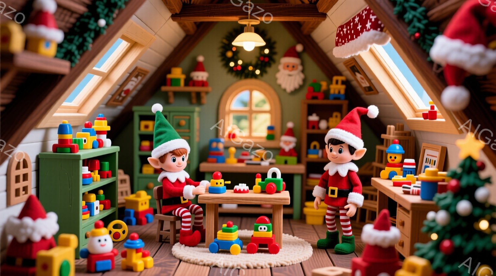 おもちゃのワークショップのような、屋根裏部屋の様子を描いています。二人のエルフは緑の帽子と赤い服を着て、赤い縞模様のズボンをはき、おもちゃの積み木を組み立てる作業をしています。背景には、おもちゃやクリ - AI生成フリー素材