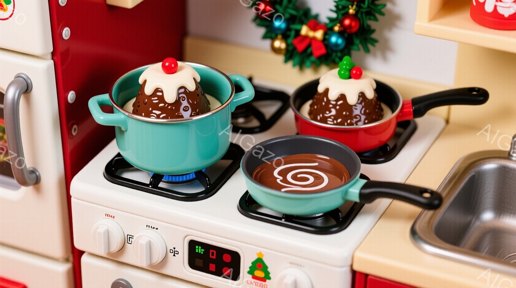 おもちゃのキッチンレンジの上には、クリスマスプディングが調理されている様子が描かれています。緑と赤の鍋には、美味しそうなクリスマスプディングがたっぷり入っており、レンジの火が点いているように見えます。背景には、装飾されたクリスマスツリーの一部が見え、おもちゃのキッチンがクリスマスを祝うシーンを演出しています。