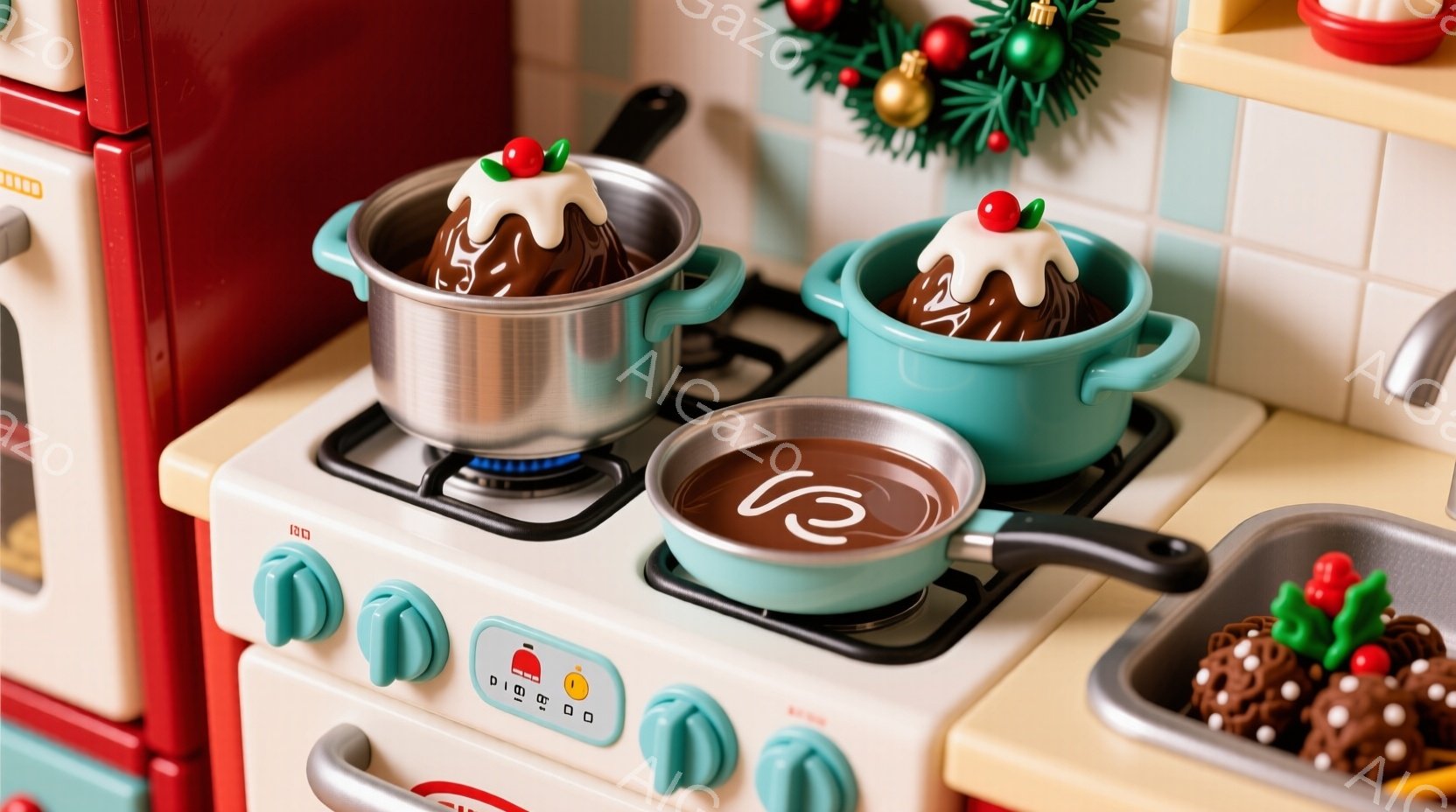 おもちゃのキッチンレンジの上に、クリスマスのプディングが煮込まれている様子が描かれています。銅色の鍋とフライパンには、クリスマスプディングとソースがそれぞれ入っており、まるで本物の料理のようです。背景には、クリスマスケーキや飾りがわずかに見え、おもちゃのキッチン全体が温かく楽しいクリスマスの雰囲気を醸し出しています。