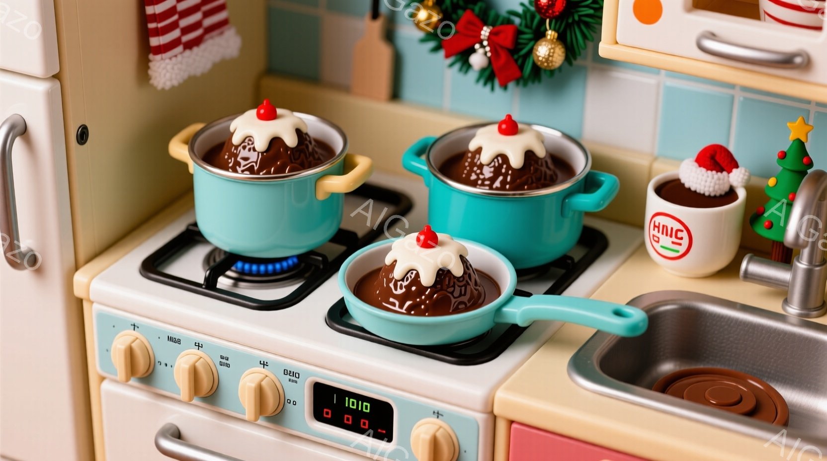 白いキッチンストーブの上に、茶色のソースが入った水色の鍋が3つ並んでいる。それぞれの鍋にはクリームと飾り付けが施された小さなケーキが浮かんでおり、ストーブのそばには赤いクリスマスツリーのオーナメントと白いマグカップが置かれている。全体的に、遊び心あふれるミニチュアの世界で、クリスマスの準備をしているような温かい雰囲気が漂っている。