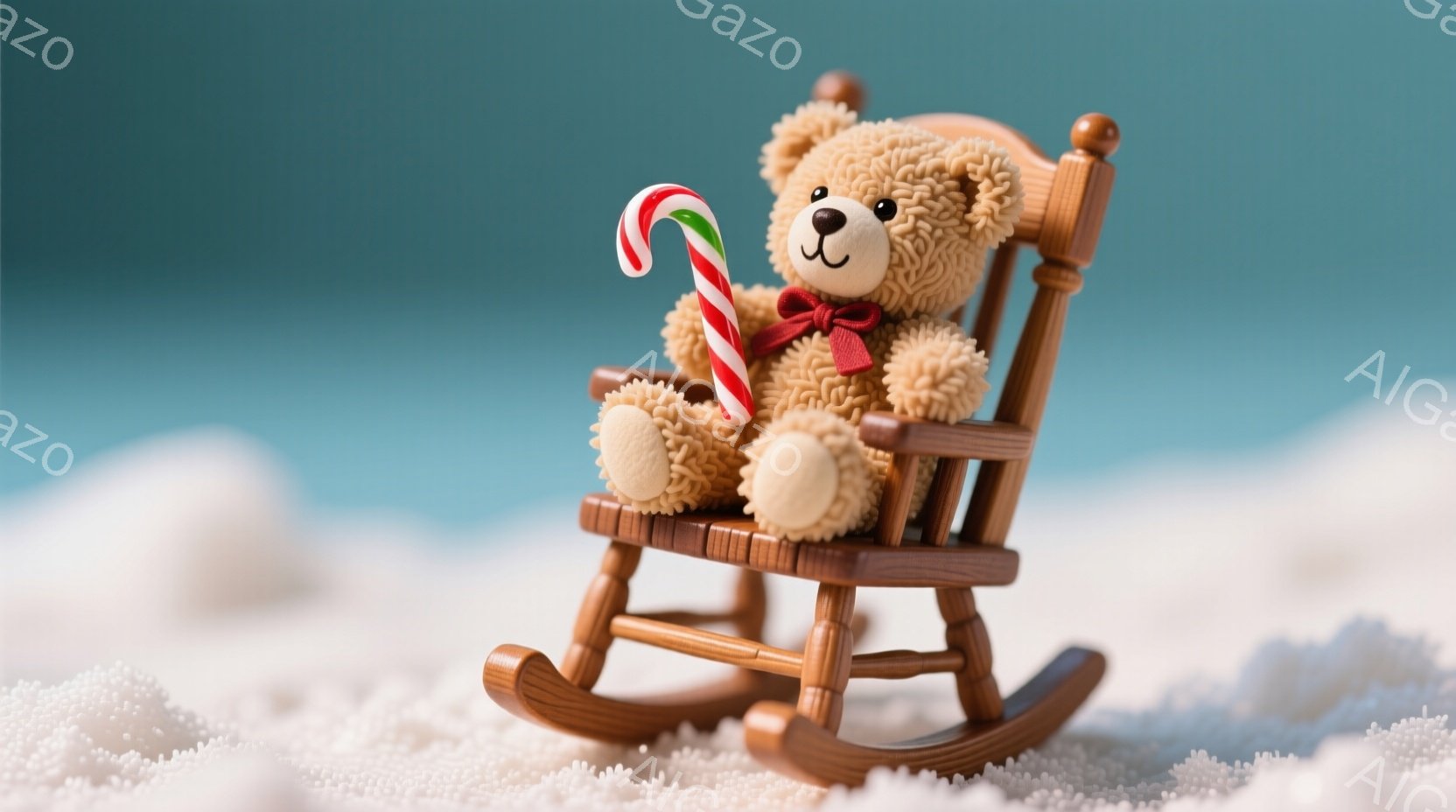 茶色のテディベアが小さなロッキングチェアに座っており、赤いリボンが首に巻かれています。ベアは片手にキャンディケーンを持っており、穏やかで幸せそうな表情をしています。背景はぼやけた白い表面で、まるで雪の - AI生成フリー素材