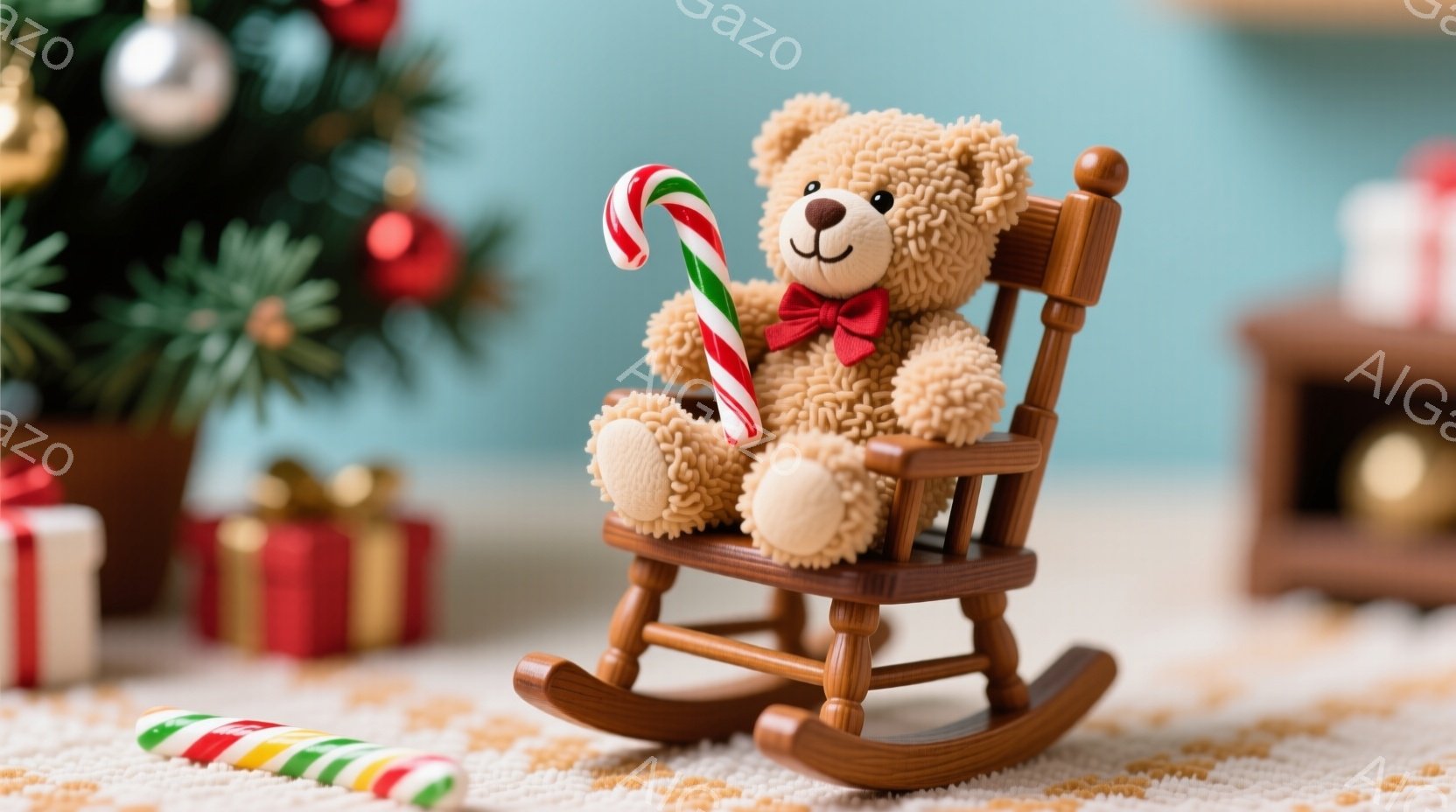 小さなテディベアが、木製のロッキングチェアに座って、緑と赤のキャンディケーンを持っています。背景には、クリスマスツリー、プレゼントボックス、暖炉が見え、全体的に温かく、お祝いムードを醸し出しています。 - AI生成フリー素材
