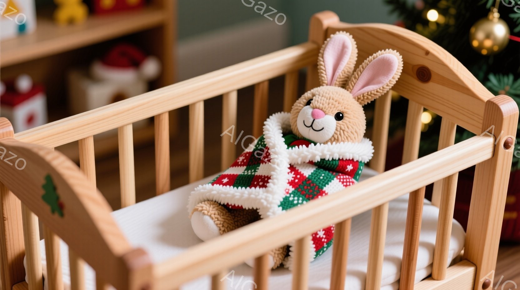 木製のベビーベッドの中に、緑と赤のニットで覆われた可愛らしいウサギの人形が横たわっています。人形は温かそうなブランケットに包まれ、穏やかな表情をしています。背景にはクリスマスツリーが見え、クリスマスの - AI生成フリー素材