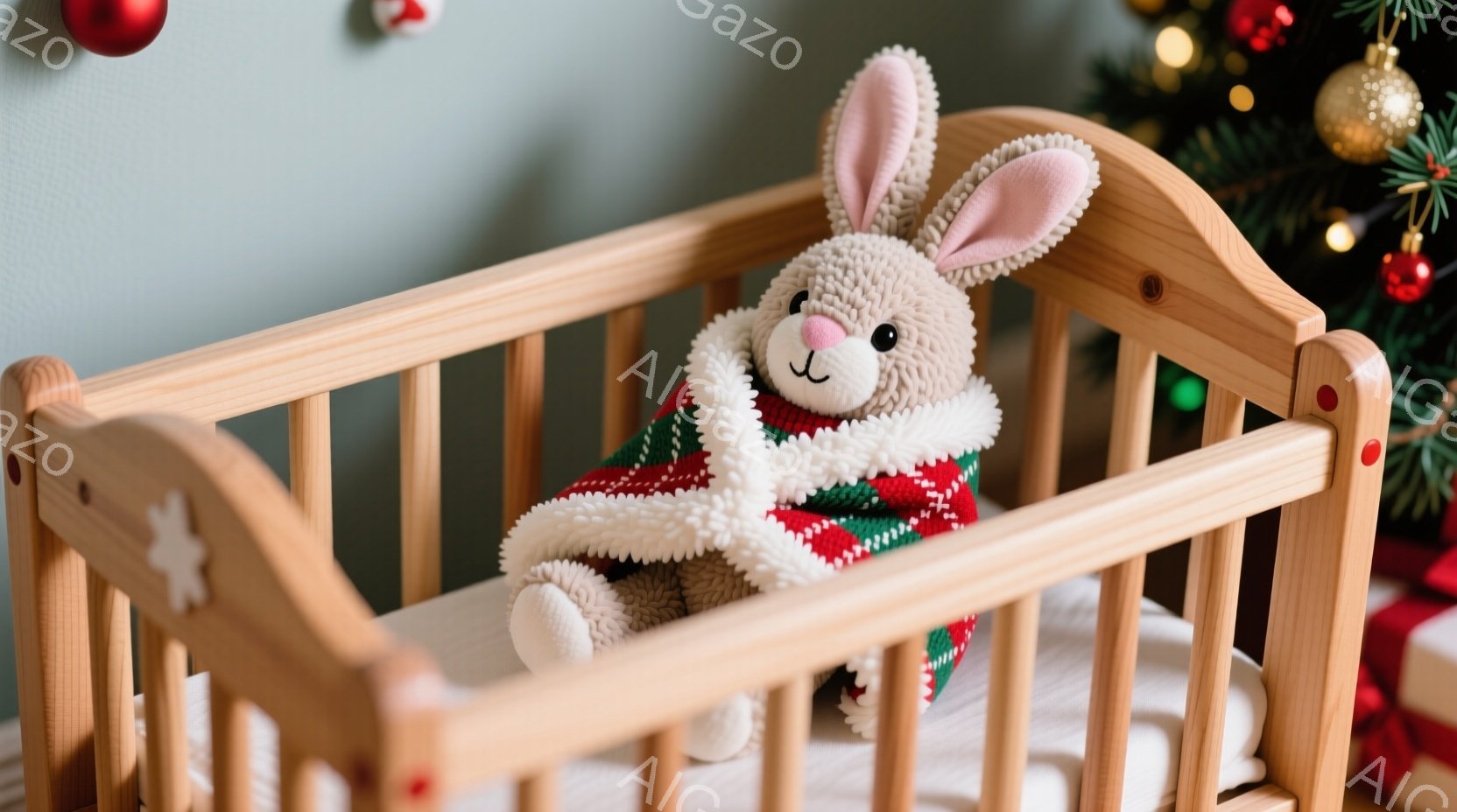 柔らかいベージュ色のウサギのぬいぐるみがおもちゃのベビーベッドの中に横たわっています。緑、赤、白の縞模様の暖かいショールのようなものを身につけており、穏やかで幸せそうな表情をしています。背景にはクリス - AI生成フリー素材