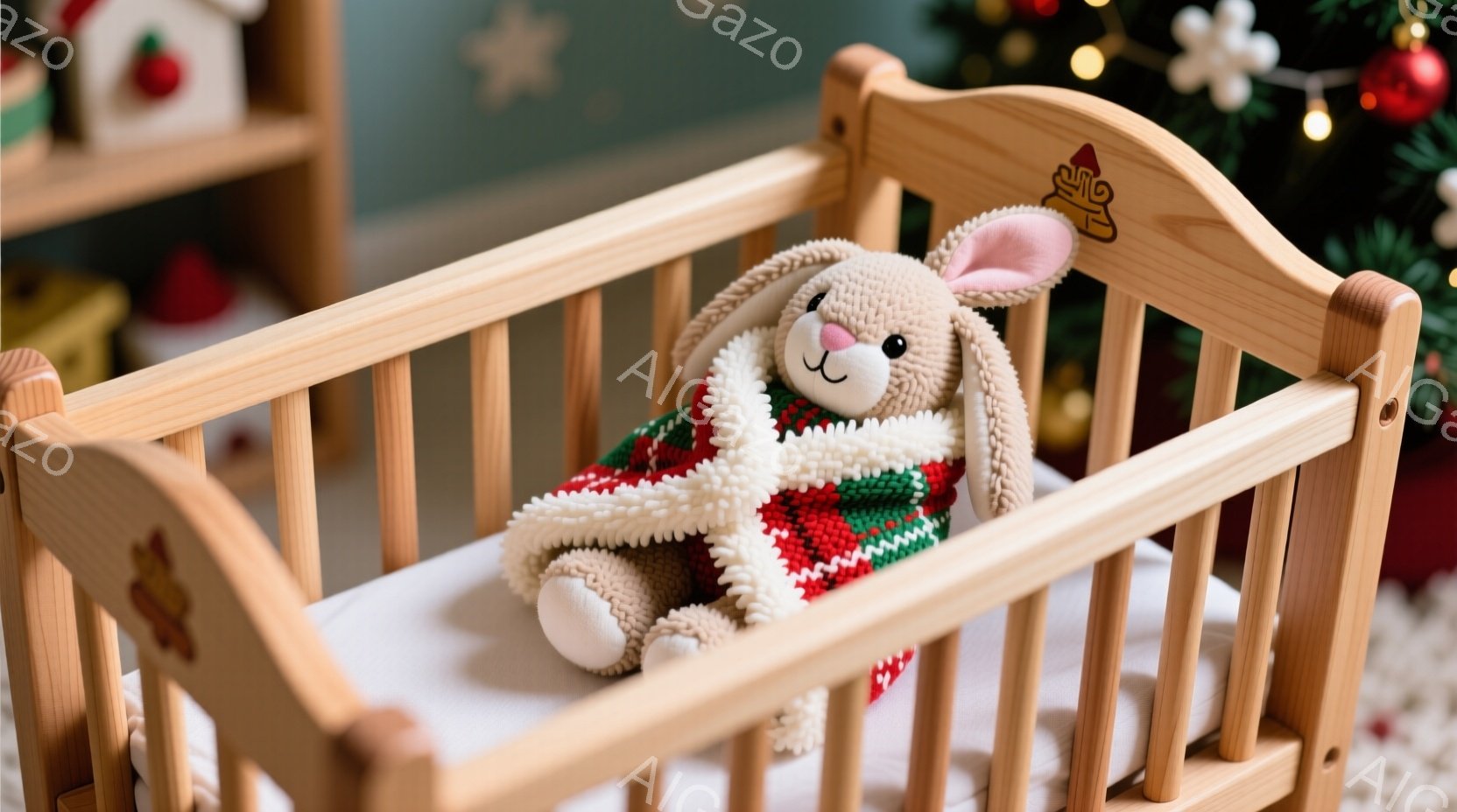 柔らかい茶色の毛並みのウサギのぬいぐるみがおもちゃ用のゆりかごに横たわっています。緑、赤、白の編み模様のブランケットがウサギを暖かく包み込み、穏やかな表情をしています。背景にはクリスマスツリーや可愛ら - AI生成フリー素材