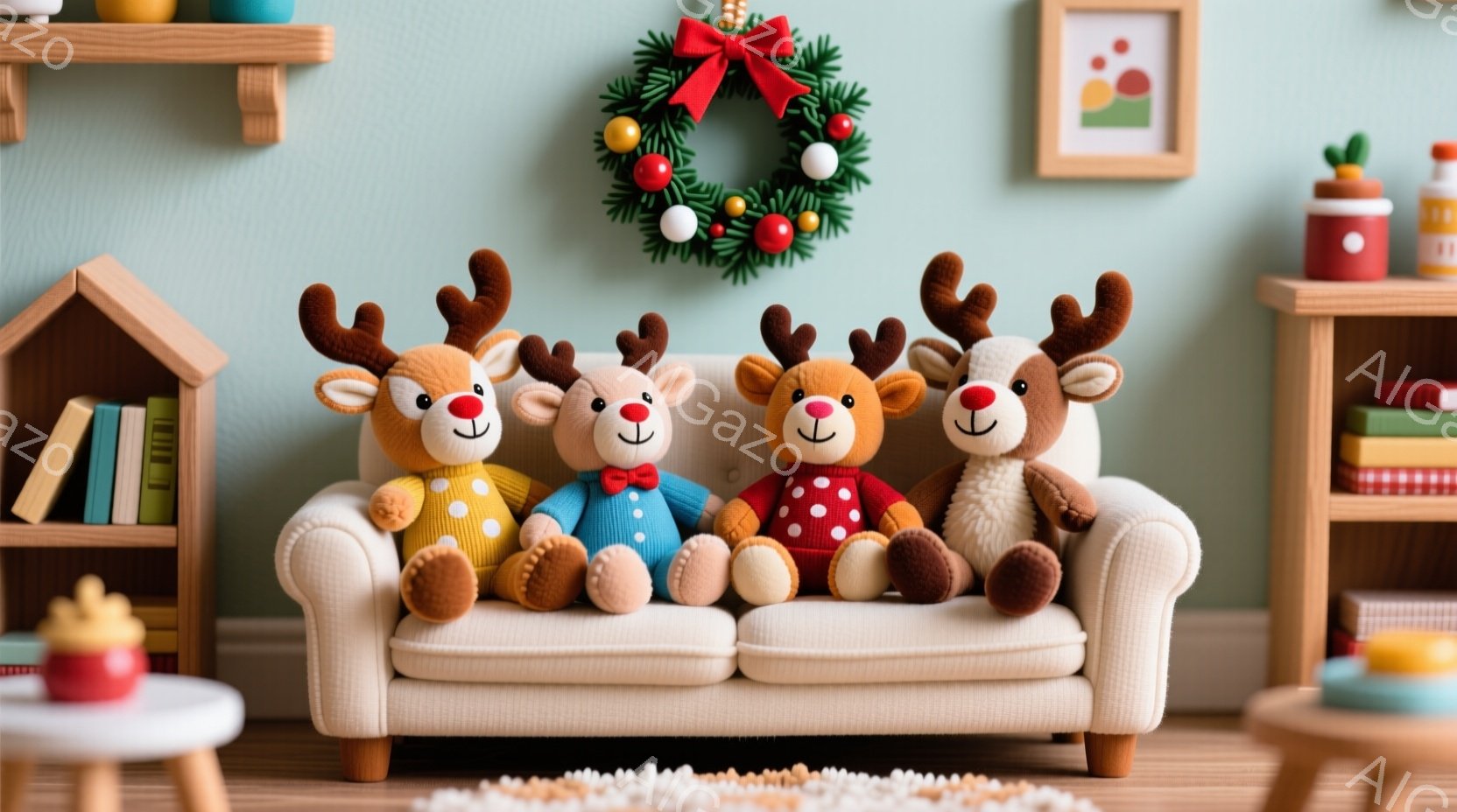 4匹の愛らしいトナカイのぬいぐるみは、クリーム色の小さなソファに並んで座っています。それぞれ黄色、青、赤、茶色のセーターを着ていて、顔には幸せそうな表情が見られます。背景には、クリスマスのリースや可愛 - AI生成フリー素材