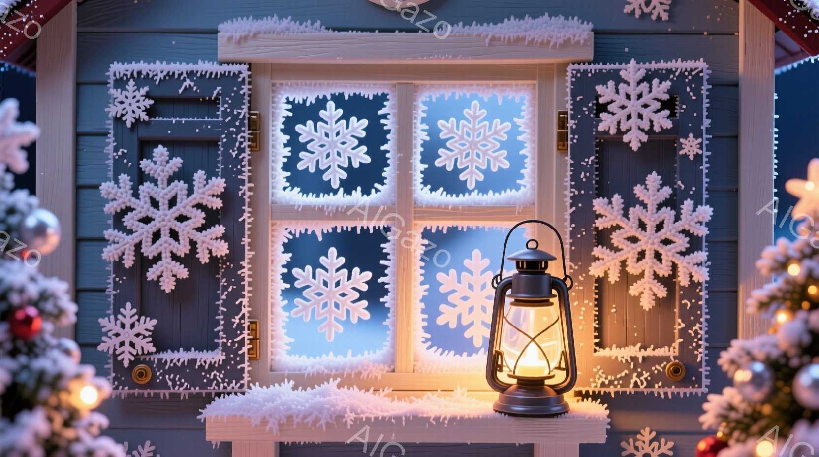 雪に覆われたコテージの外観で、窓は雪の結晶で飾られています。暖かく光るランタンが窓の下の台座に置かれ、背景にはクリスマスツリーの明かりがぼんやりと見えます。全体的に、クリスマスの静かで幻想的な雰囲気を - AI生成フリー素材