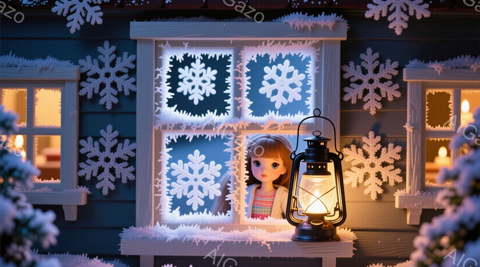 雪の降る夜、青い外壁の建物の中に小さな女の子が立っている。彼女は長い茶色の髪で、白いセーターとカラフルなスカートを着ており、窓から外を見つめている表情はどこか物憂げだ。窓の外には雪片が舞い、建物全体が - AI生成フリー素材