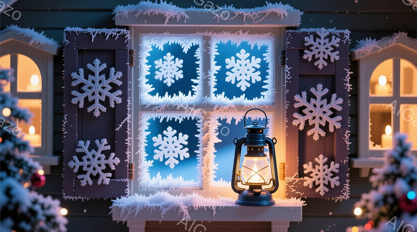 暖炉の光が灯る、雪景色の中の家の窓が描かれている。窓は４つに分かれており、それぞれに繊細な雪の結晶模様が切り抜かれている。窓辺にはオイルランプが置かれ、温かい光を放ち、クリスマスの夜の静かで穏やかな雰 - AI生成フリー素材