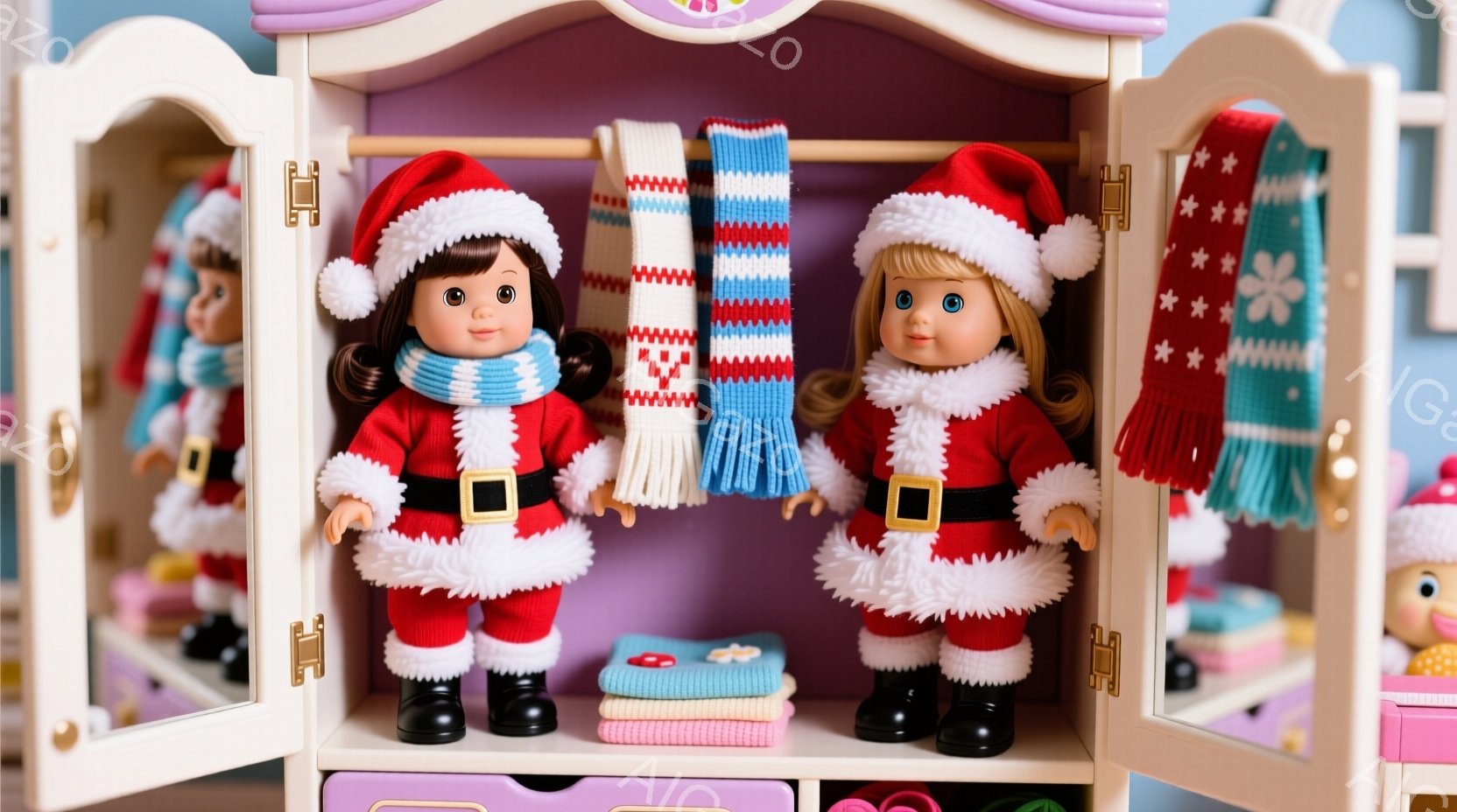 おもちゃのクローゼットの中に、サンタの衣装を着た２体の人形が並んでいます。人形は黒髪で、赤いサンタのスーツに白い縁取りがあり、黒い靴を履いています。背景には他の人形や服が整理整頓されて並べられており、おもちゃの部屋の楽しい雰囲気が漂っています。