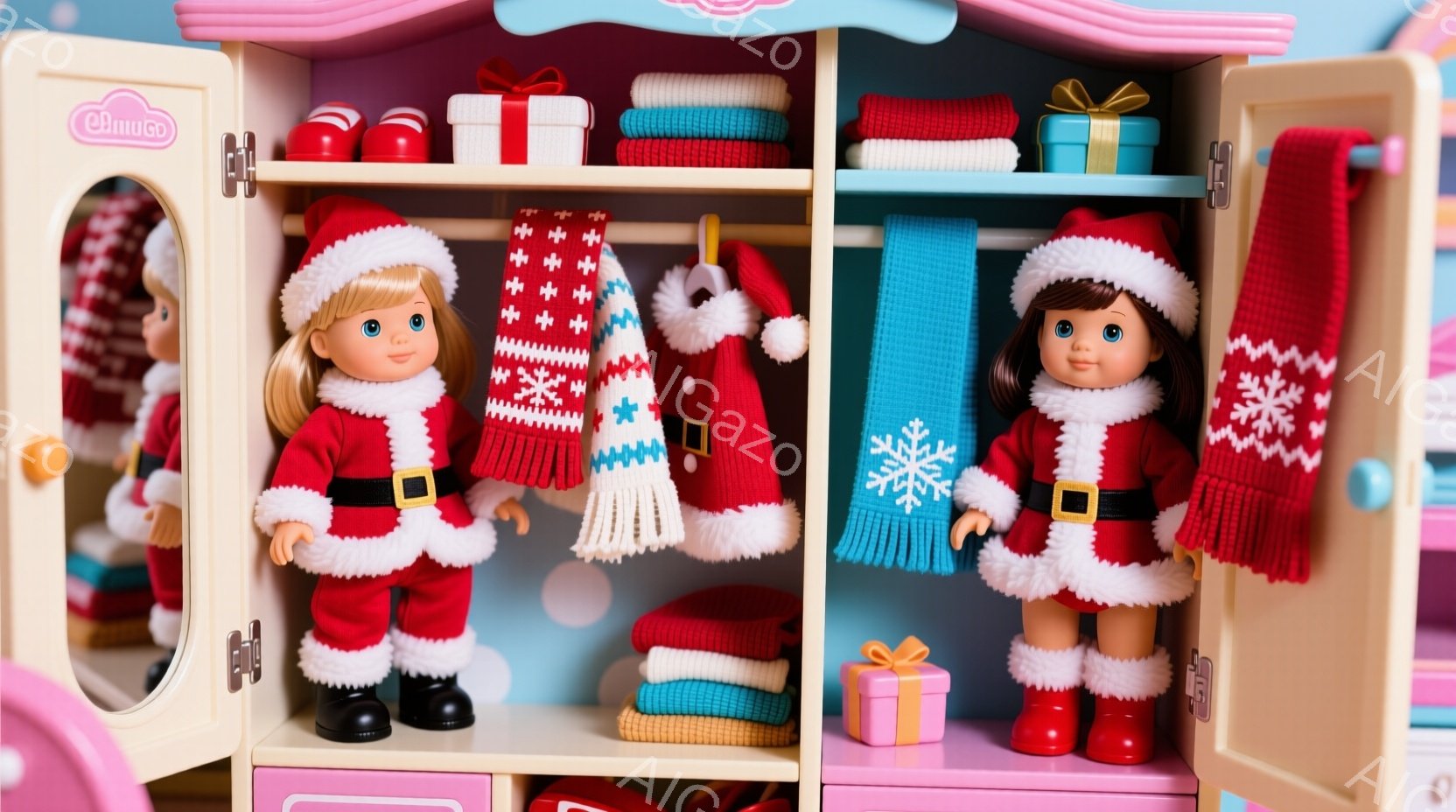 ピンク色の人形用のクローゼットの中に、サンタクロースの衣装を着た人形が二体立っています。人形たちは赤いワンピース、白い襟と袖、黒いブーツを履いており、頭にはポンポン付きのサンタ帽子をかぶっています。ク - AI生成フリー素材