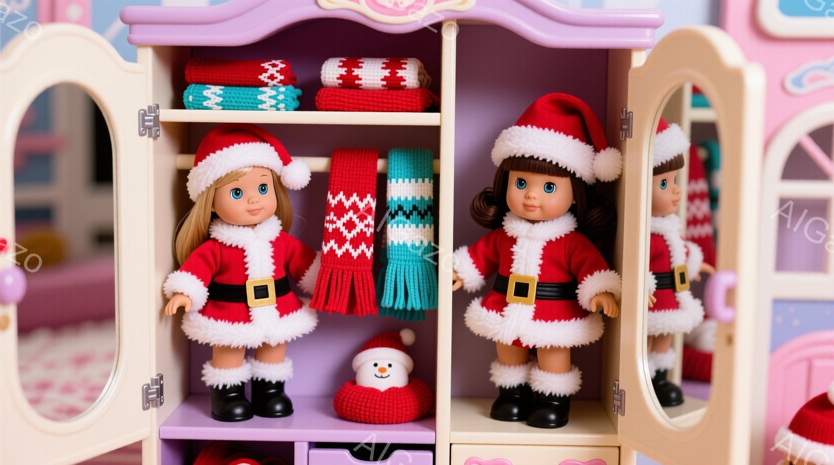 ドールハウスの棚に、サンタクロースの衣装を着た人形が二体並んで立っています。人形は茶色の髪で、赤い帽子、白い縁取りのある赤いドレス、黒いブーツを履いています。背景には手編みのスカーフと雪だるみが置かれ、おもちゃの家の一部としてクリスマスの雰囲気を醸し出しています。