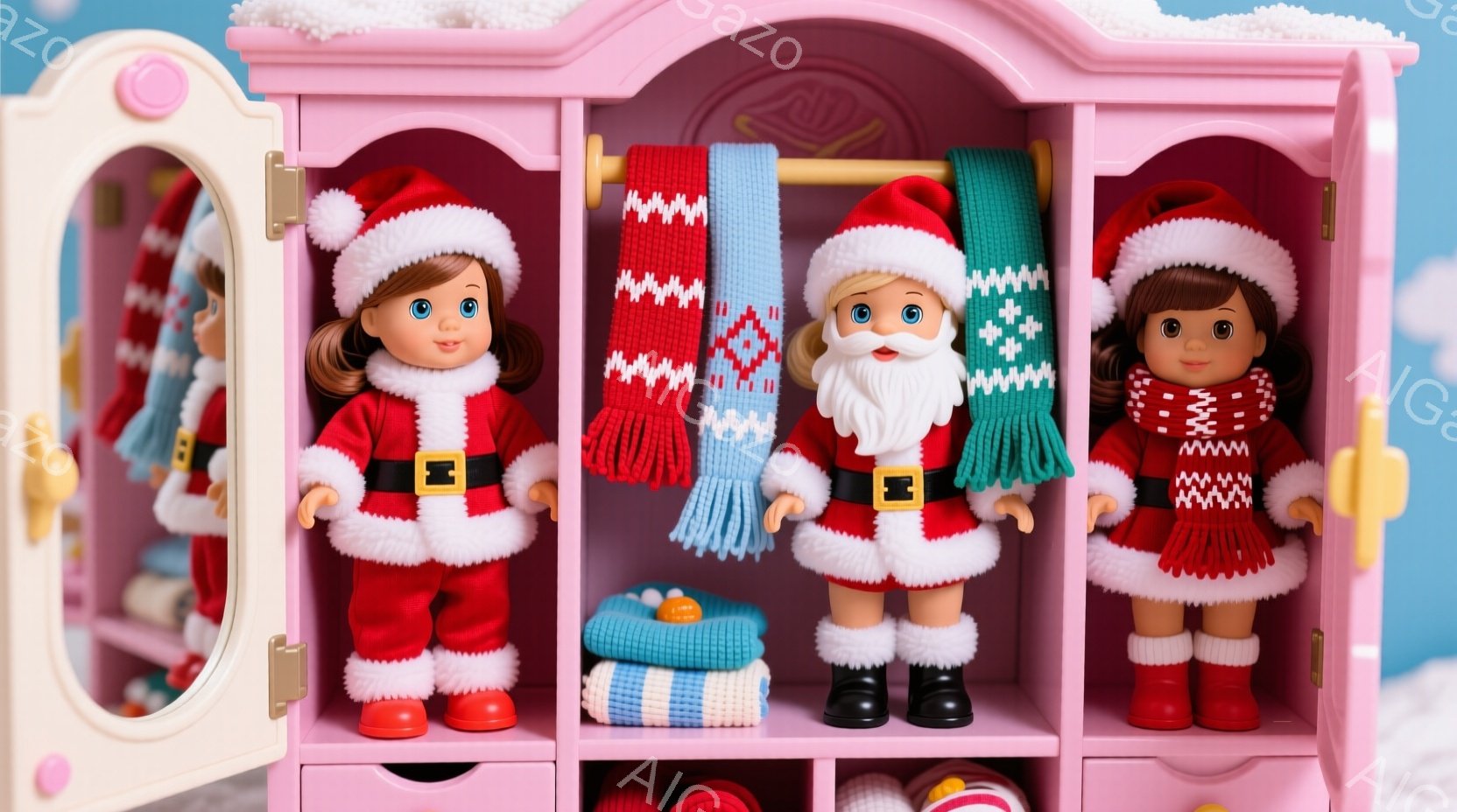 ピンク色の可愛らしい人形のクローゼットの中に、クリスマスをテーマにした人形が３体並んでいます。それぞれの人形はサンタクロース風の服装をしており、赤い服と白いフリル、そしてサンタ帽を被っています。背景に - AI生成フリー素材