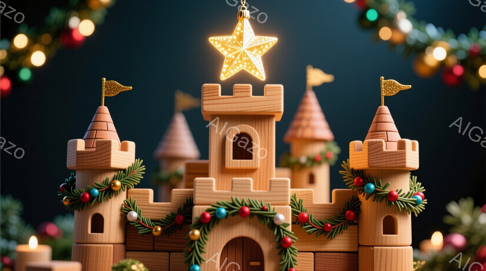 温かみのある木製の城が、クリスマスツリーのような装飾で彩られています。城壁には、緑の葉、赤い実、金色のオーナメントが飾られ、頂上には輝く星が飾られています。背景には、ぼやけた光のぼかしがあり、お祝いの - AI生成フリー素材
