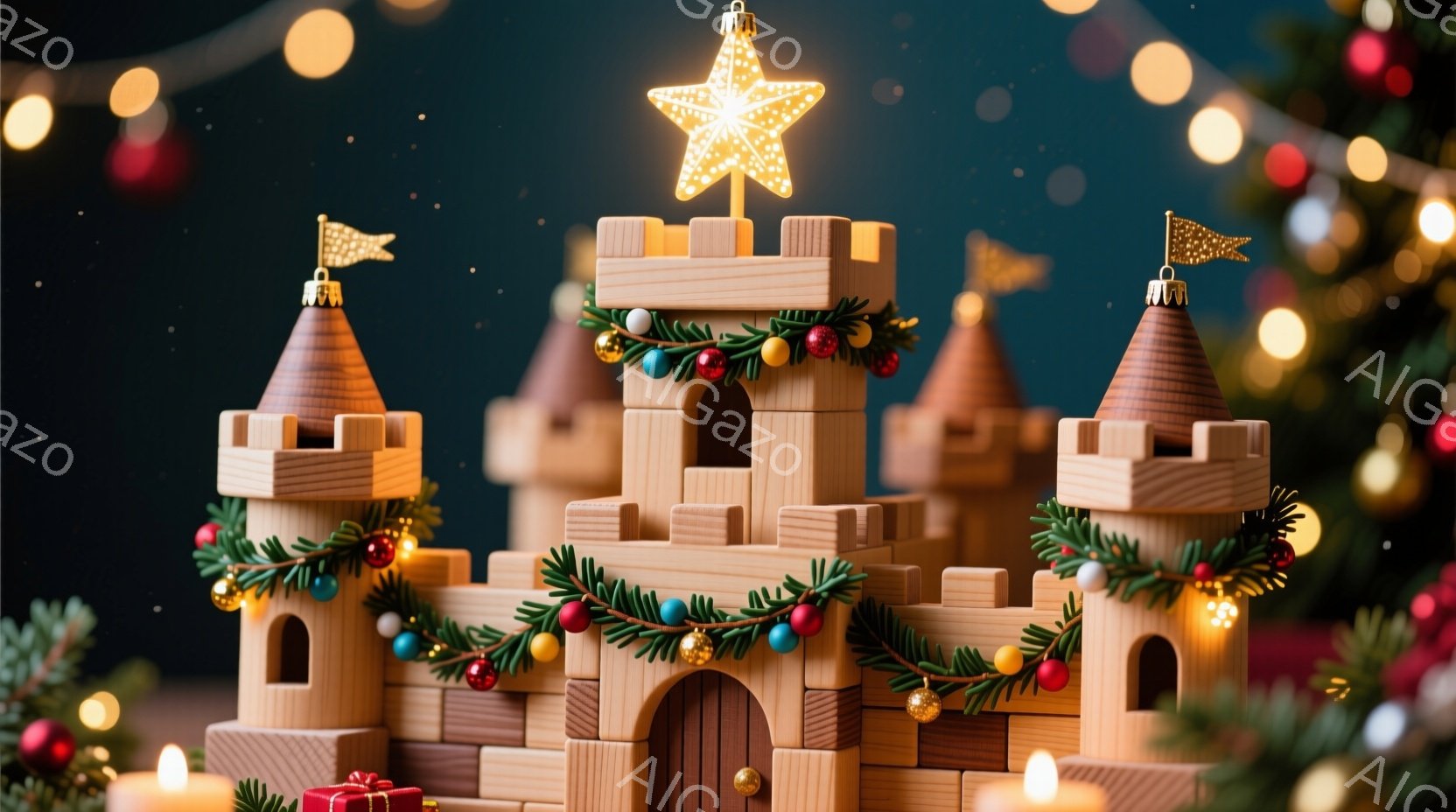 クリスマスをテーマにした木製の城が中央に配置されており、緑のガーランドと赤いクリスマスオーナメントで飾られています。城の最上部には光り輝く星型のオーナメントが輝き、背景にはぼやけたクリスマスツリーと暖 - AI生成フリー素材