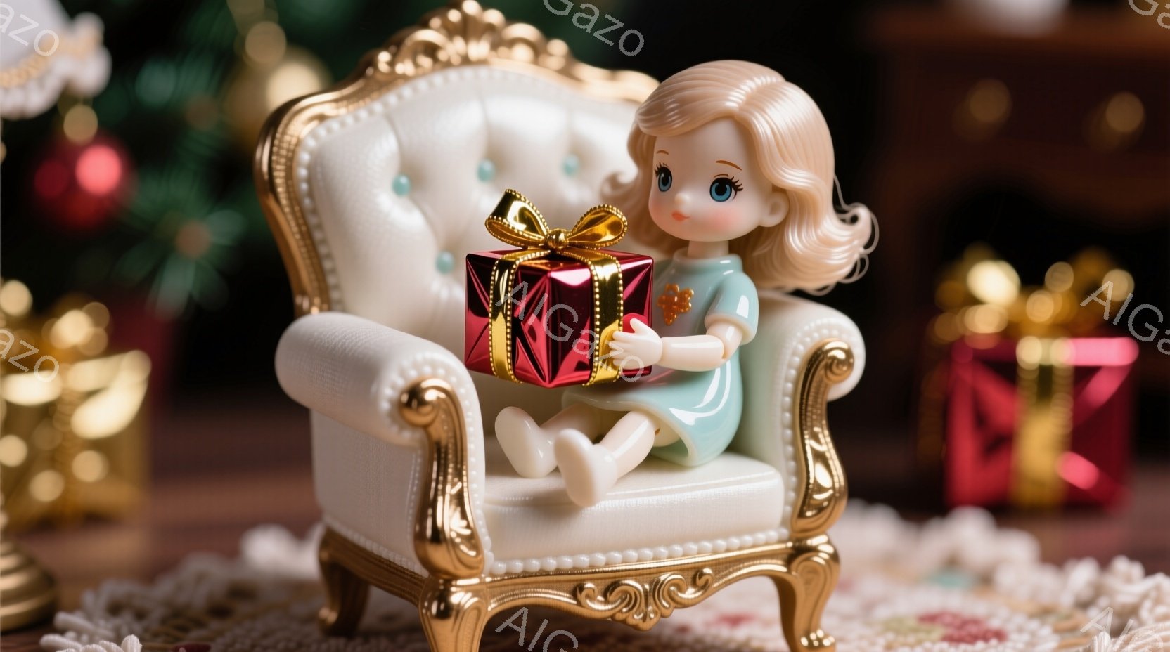 ミニチュアの女性人形が、金色の装飾が施された白い椅子に座り、赤いリボンで結ばれた赤いギフトボックスを抱えています。人形は淡い水色のドレスを着ており、金髪をカールさせています。背景にはぼやけたクリスマスツリーや他のギフトボックスが見え、全体的に暖かく、お祝いの雰囲気です。