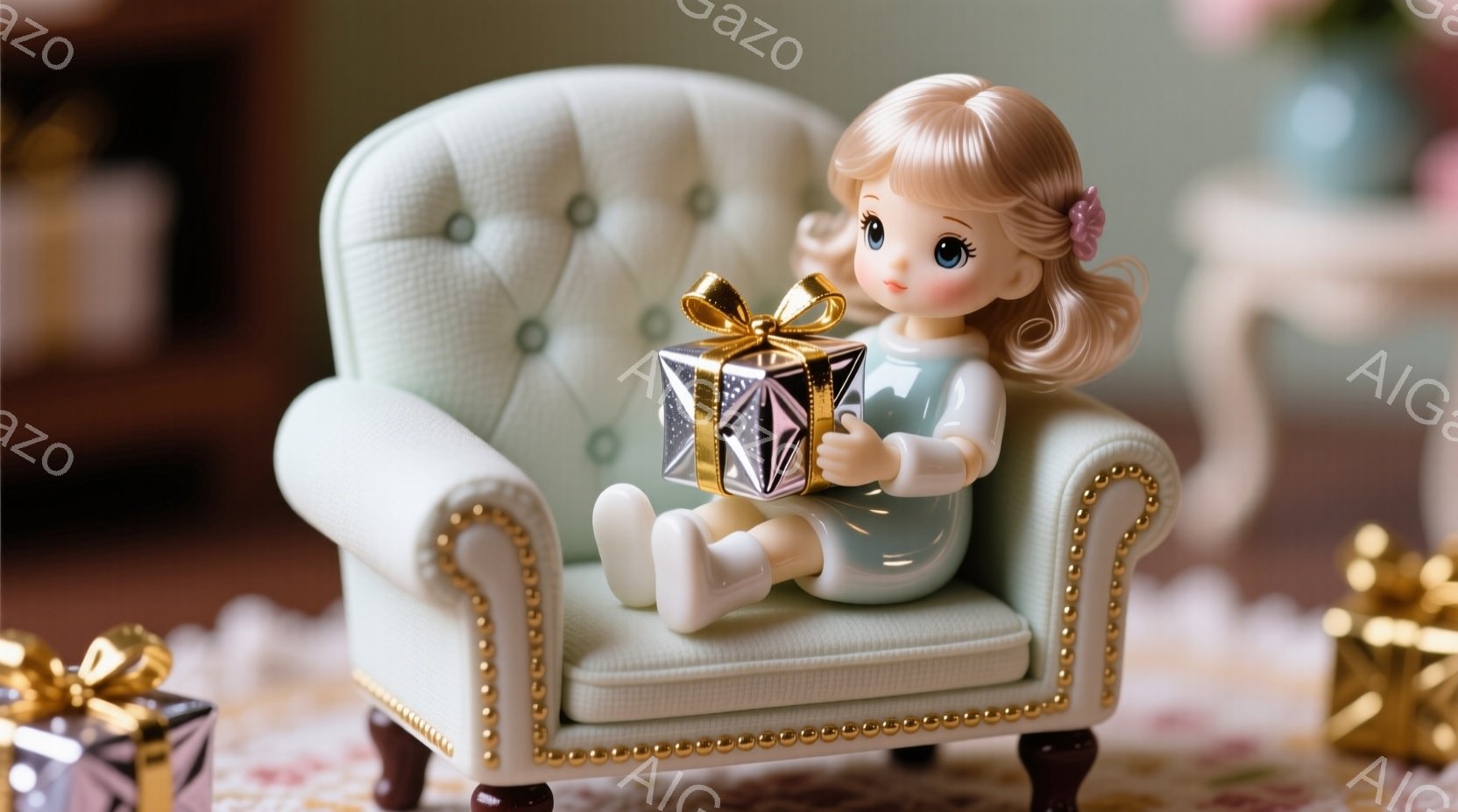 淡い緑色のワンピースを着た少女が、小さな椅子に座ってプレゼントの箱を抱えています。彼女は金色のカールした髪をしており、穏やかな表情をしています。背景には、柔らかなカーペットと、他のプレゼントの箱が見え - AI生成フリー素材
