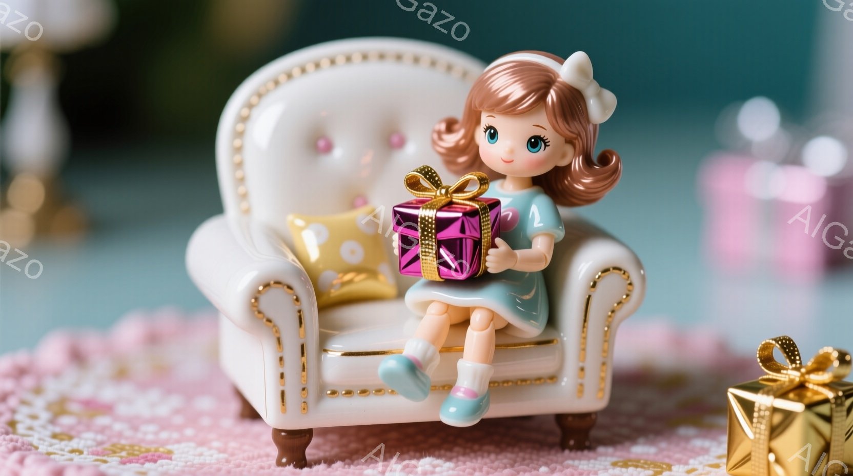 茶色の巻き毛に白いリボンをつけた少女が、オフホワイトの金色の装飾が施された小さな椅子に座っています。彼女は紫色のリボンで結ばれたプレゼントを抱え、水色の靴と白いソックスを履いています。背景には、ピンク - AI生成フリー素材