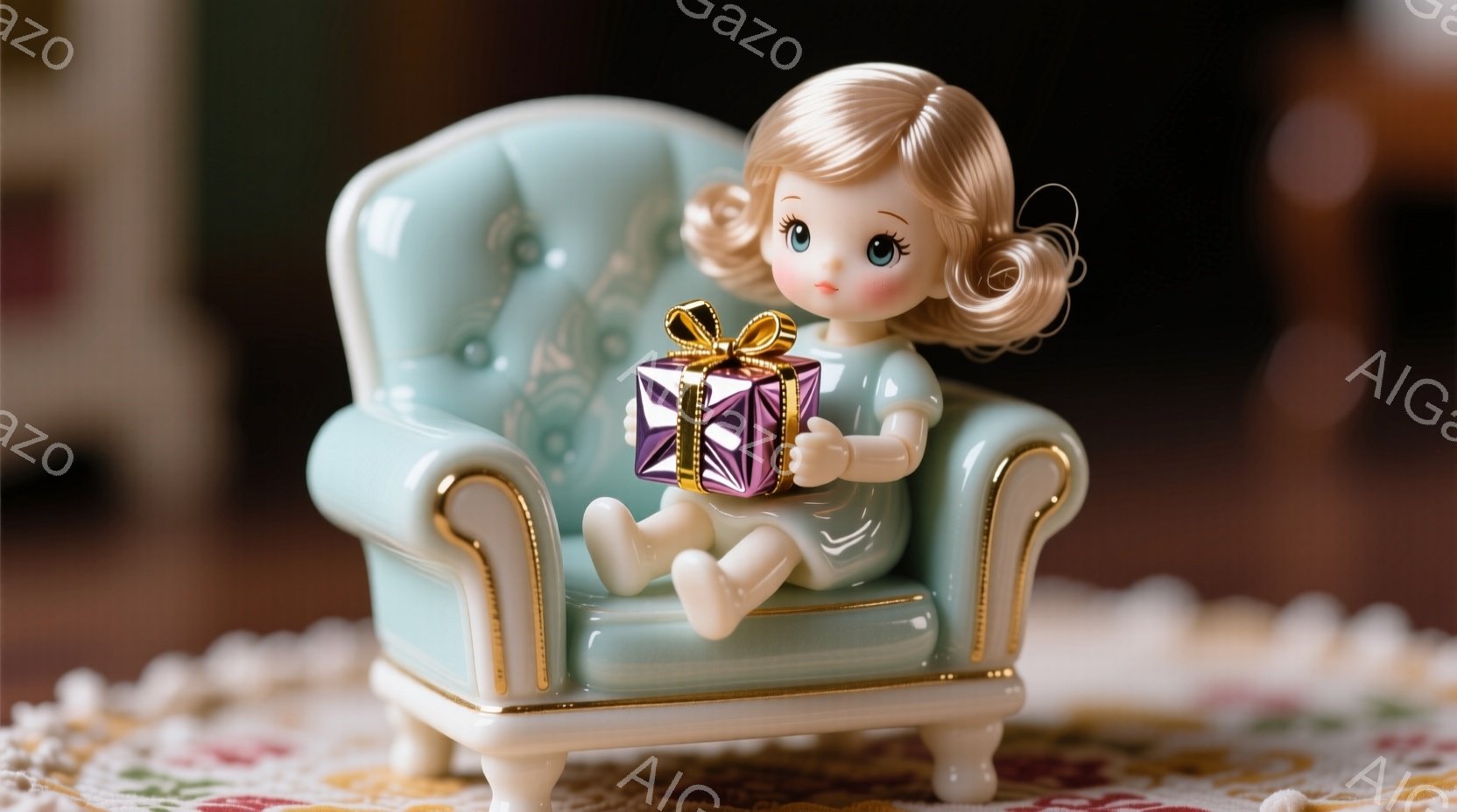 明るい青緑色の椅子に座った、金髪の巻き毛の少女の人形が描かれています。人形は薄い水色の服を着ており、両手で紫色のリボンで飾られた小さなギフトボックスを抱えています。背景はぼやけており、カーペットのようなテクスチャが見えますが、人形と椅子が主な焦点となっています。
