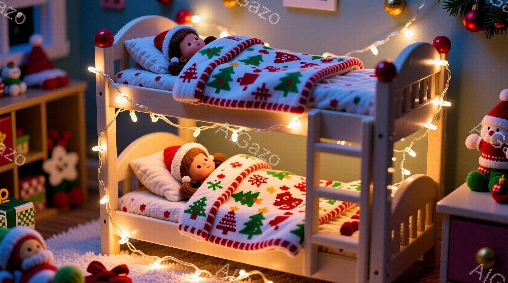 ミニチュアの部屋の内部を示しており、二段ベッドに横たわる小さな人形が描かれています。人形は赤い帽子をかぶり、クリスマスの柄の毛布に包まれて眠っており、暖かく心地よい雰囲気が漂っています。背景には、クリ - AI生成フリー素材