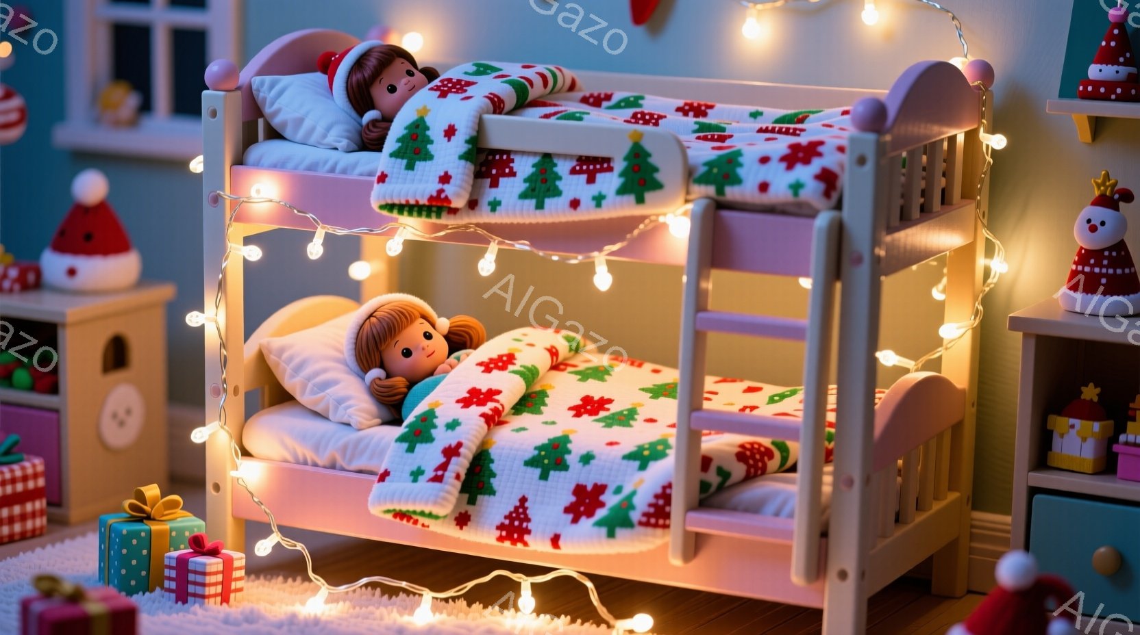 人形が二段ベッドで眠っており、赤い帽子をかぶり、茶色の髪は三つ編みになっています。ベッドカバーはクリスマス柄で、緑色のクリスマスツリーと赤い花が描かれています。背景には、クリスマスツリーやプレゼントボ - AI生成フリー素材