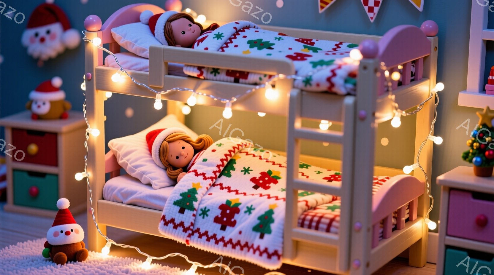 人形が二段ベッドの上で眠っており、赤いサンタ帽をかぶっています。ベッドにはクリスマスツリーとプレゼント柄の毛布がかけられ、ベッドサイドテーブルや引き出しにはクリスマスオーナメントや人形が飾られています - AI生成フリー素材