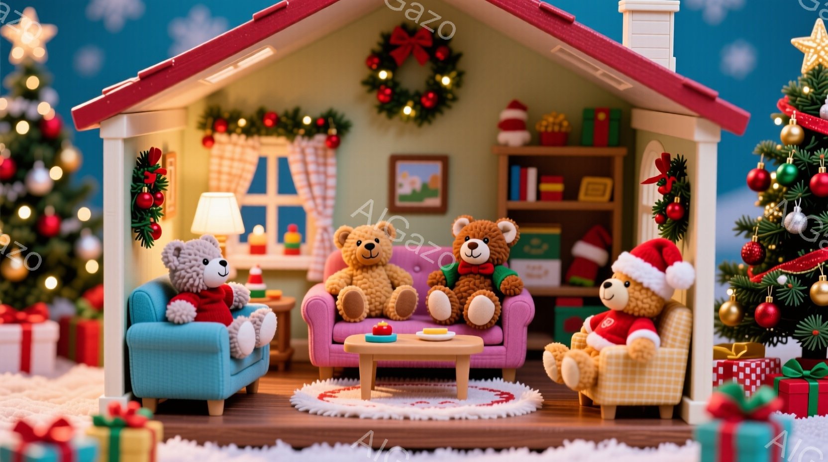 クリスマスを祝うテディベアたちが、暖炉のある居間に集まっています。青、ピンク、黄色のソファに座り、赤いサンタの帽子をかぶったクマもいます。背景にはクリスマスツリー、プレゼント、装飾が施された壁があり、 - AI生成フリー素材