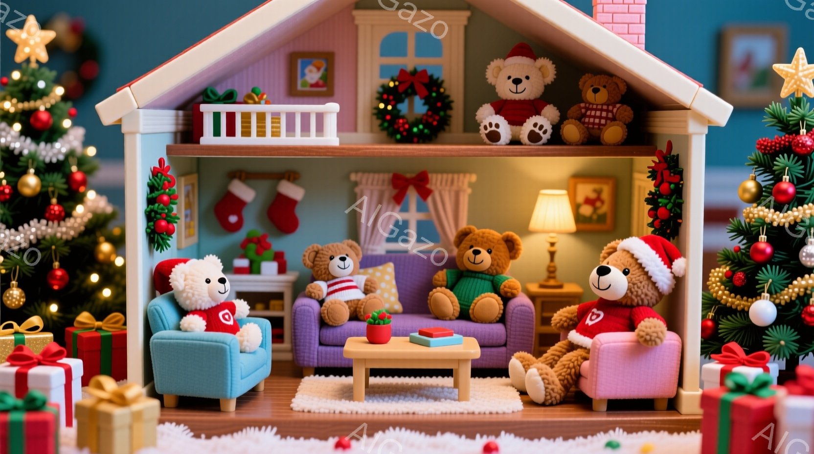 暖炉のある居間に、四匹のテディベアがクリスマスを楽しんでいます。それぞれ赤いサンタ帽をかぶり、可愛らしい表情でソファーに座ったり、立ったりしています。背景には、クリスマスツリー、プレゼント、暖炉、そし - AI生成フリー素材