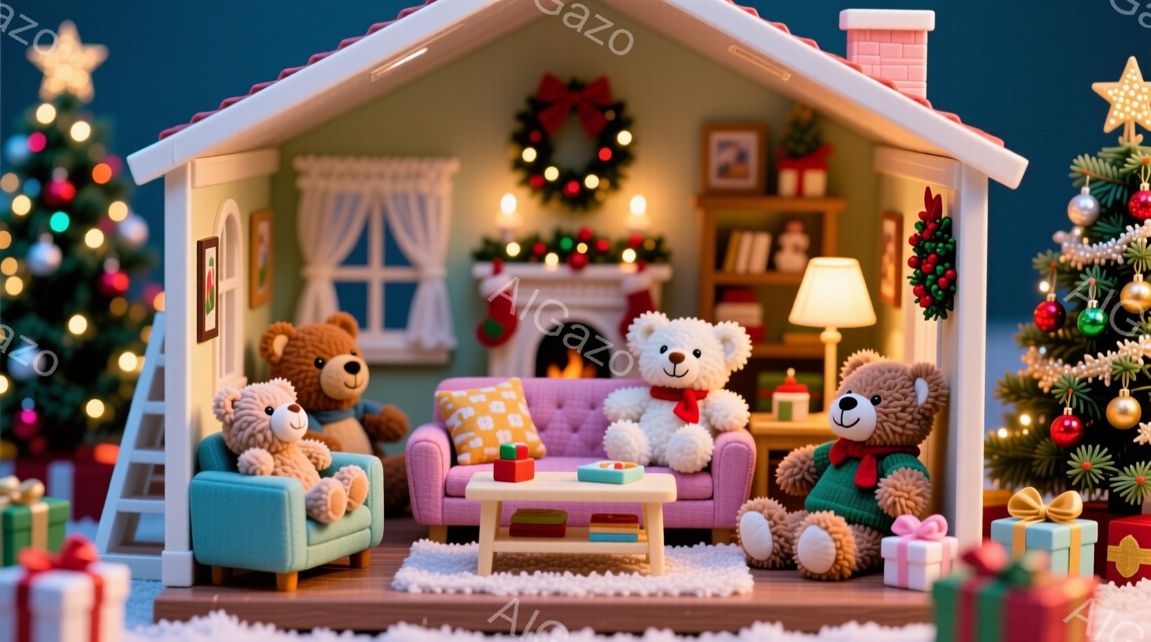 温かい光に照らされた室内には、クリスマスのデコレーションが施された暖炉とクリスマスツリーが置かれています。可愛いテディベアたちがソファーに座ったり、床に座ってプレゼントを囲んだりして、リラックスした時 - AI生成フリー素材