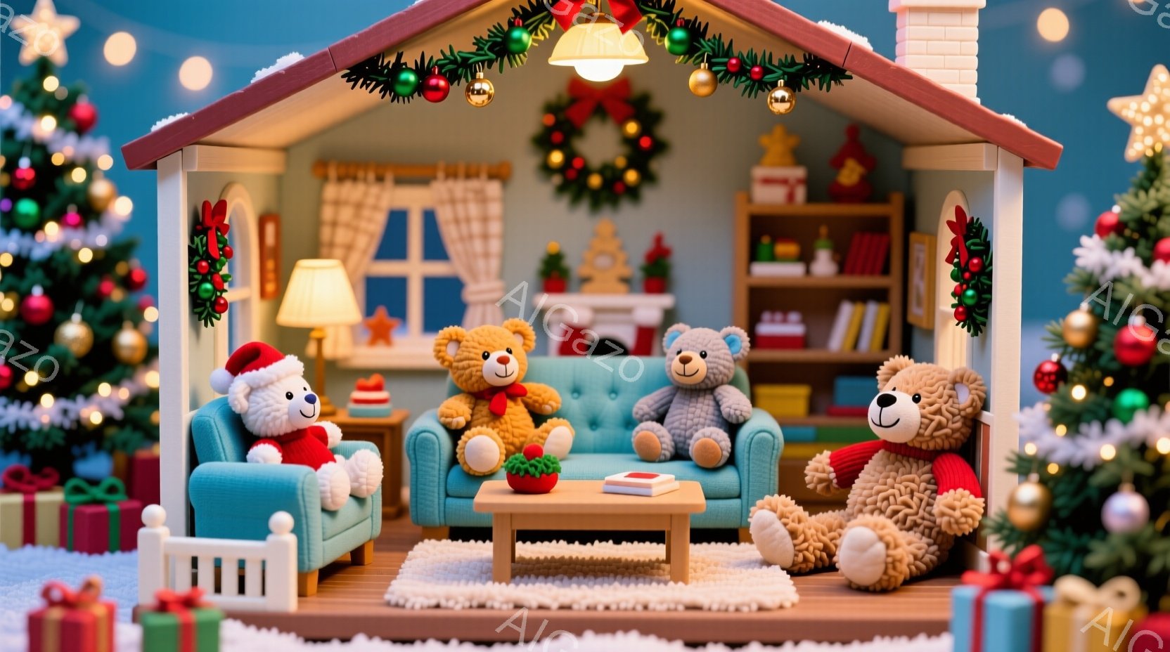 暖炉のある可愛らしい家の中に、四匹のテディベアがくつろいでいます。それぞれ異なる毛並みと表情を持ち、赤いサンタ帽をかぶったベアや、ゆったりとソファーに座るベアなどが見られます。背景にはクリスマスツリー - AI生成フリー素材
