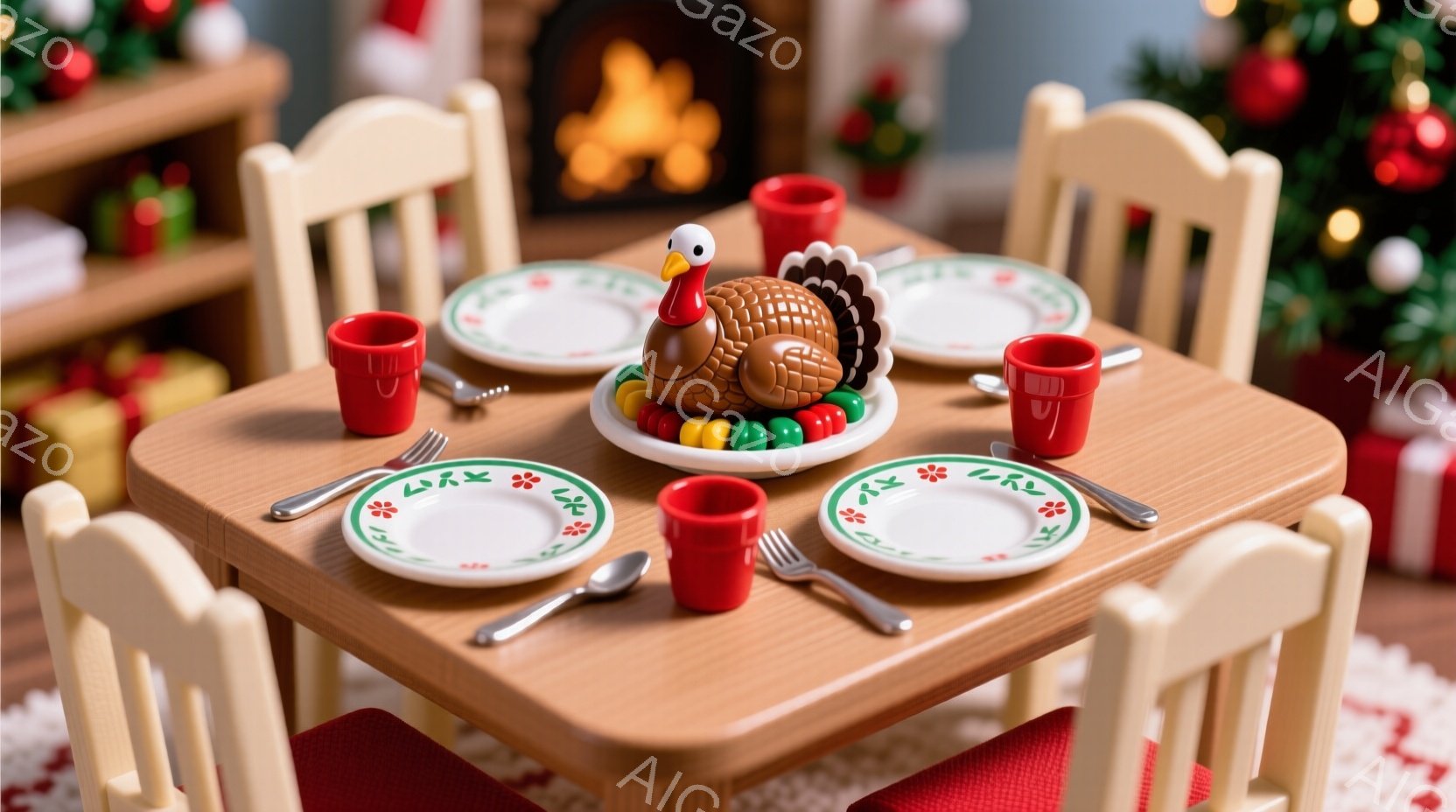 暖炉のそばの小さな食卓には、ターキーのローストが中央に置かれ、四つの椅子が並んでいる。赤い椅子と白い縁取りの皿、フォーク、カップが整えられ、まるで人形の食事のようである。背景にはクリスマスツリーとプレゼントが積み重ねられ、温かく、お祝いムードに満ちた空間を演出している。