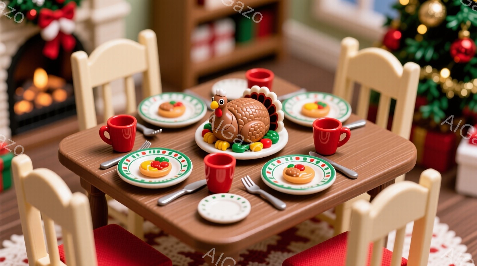 温かみのある木製のテーブルには、感謝祭のディナーがセッティングされています。ターキーの模型を中心にお皿、コップ、フォークが配置され、まるで小さな家族の食卓のようです。背景にはクリスマスツリーや暖炉が見え、お祝いムードが高まっています。