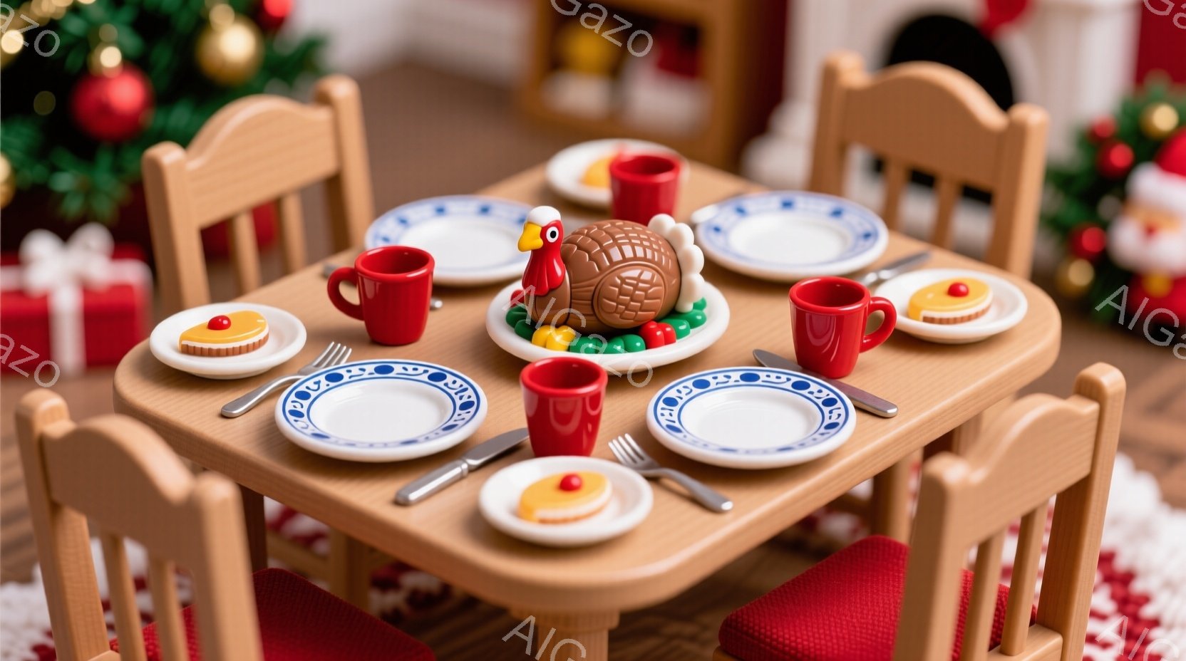 暖炉とクリスマスツリーを背景にした、ミニチュアのダイニングテーブルのセットです。テーブルの上には七面鳥のロースト、小さな皿に盛られたケーキ、赤いカップと白い模様の入ったお皿が並べられています。赤いクッションの椅子が４脚配置されており、まるで小さな家族の食事の準備をしているような、温かく可愛らしい雰囲気です。