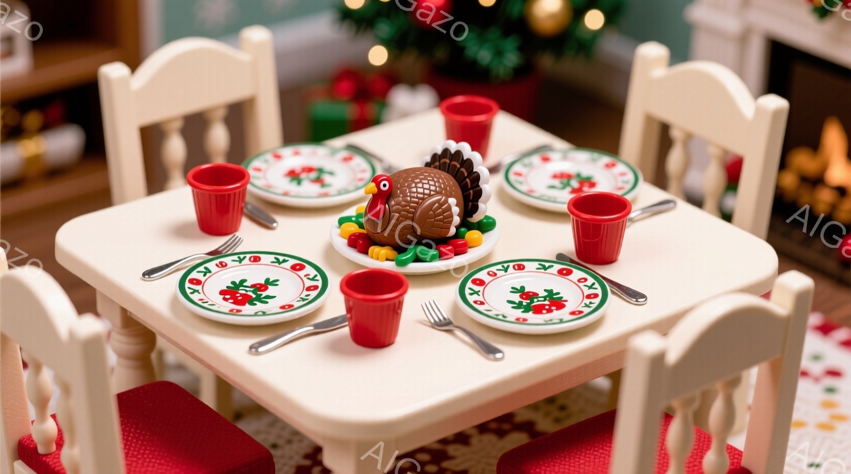 白いテーブルには、感謝祭の食事がセットされた小さな食卓が広がっています。赤いコップ、装飾がされたお皿、そしてメインディッシュの七面鳥が置かれ、四脚の椅子がテーブルを囲んでいます。背景には、クリスマスツリーと飾り付けが見え、温かく楽しいホリデーの雰囲気が漂っています。