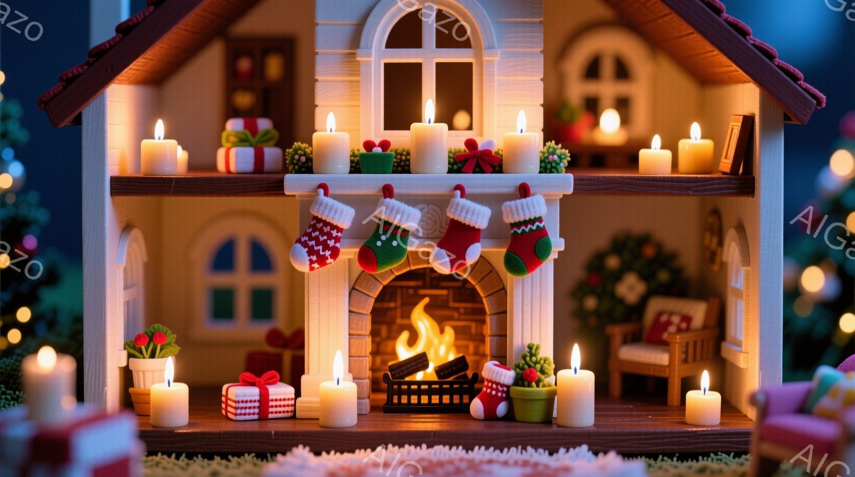 暖炉のある部屋が描かれており、クリスマスらしい装飾が施されています。暖炉の上には、カラフルな包装紙で包まれたプレゼントとクリスマスストッキングが飾られ、両脇にはロウソクが灯っています。背景には小さな椅 - AI生成フリー素材