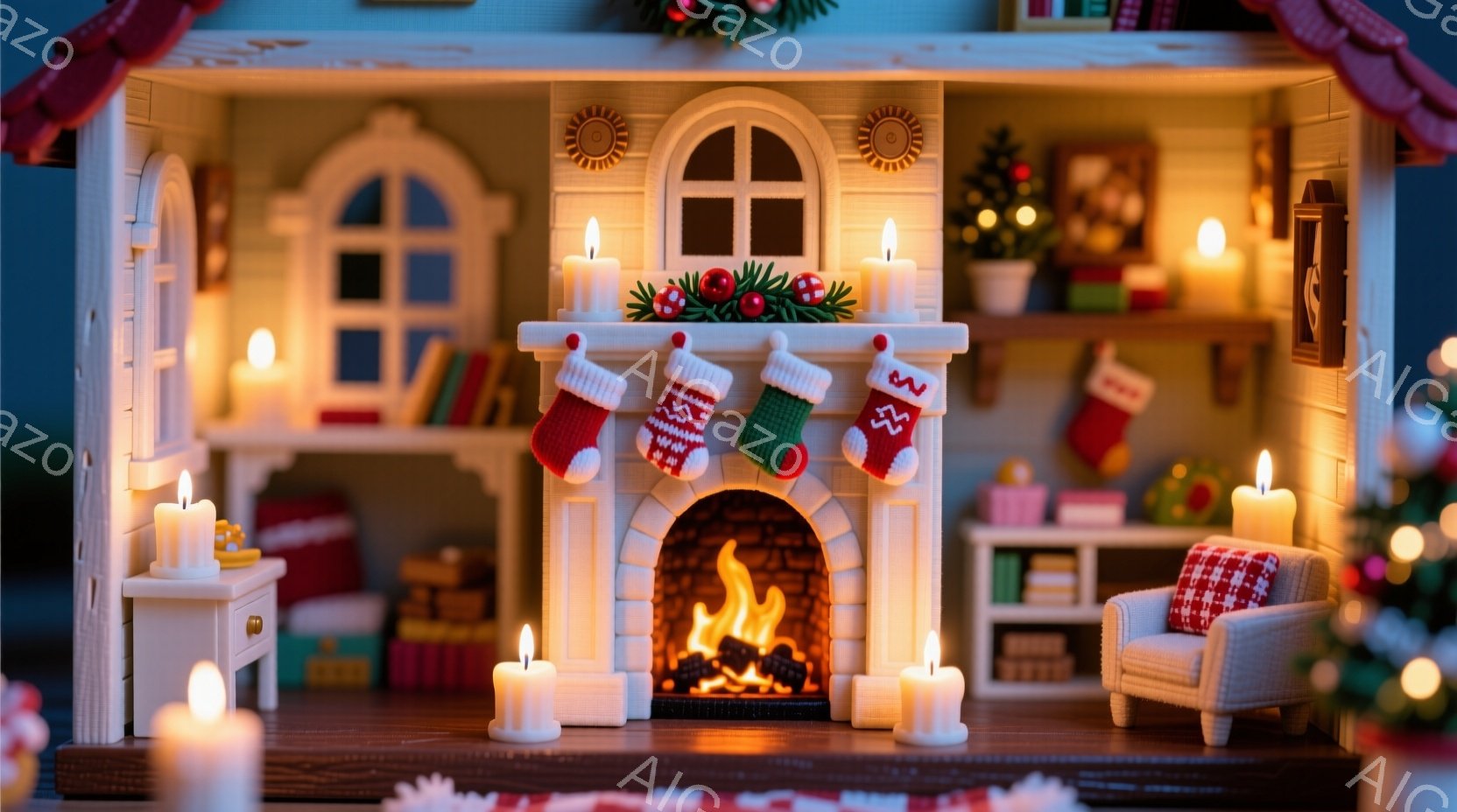 暖炉を囲んだ心地よいクリスマスの情景が描かれています。暖炉には赤い靴下が飾られ、周りにはキャンドルが灯され、温かい光が全体を包み込んでいます。背景にはプレゼントやクリスマスツリーが見え、クリスマスの喜 - AI生成フリー素材