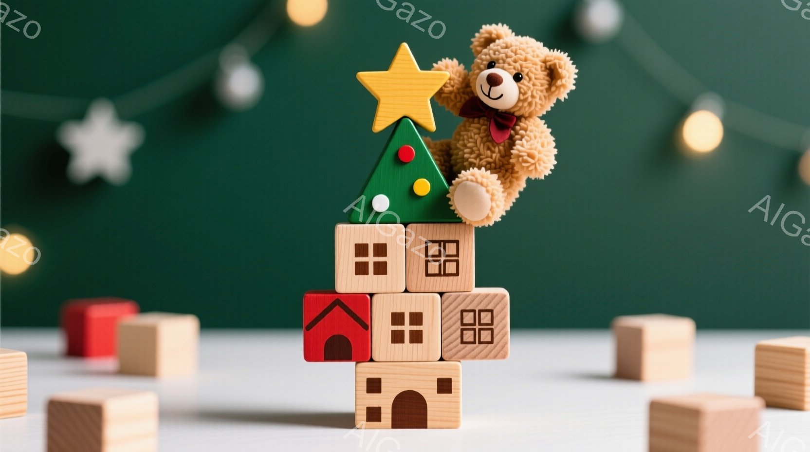 ぬいぐるみのおもちゃのクマが、積み木で作られた塔の上に座っています。背景は深い緑色で、小さな金色の星の飾りと、積み木がいくつか散らばっています。全体的に温かく、お祝いの雰囲気で、子供らしさが感じられます。