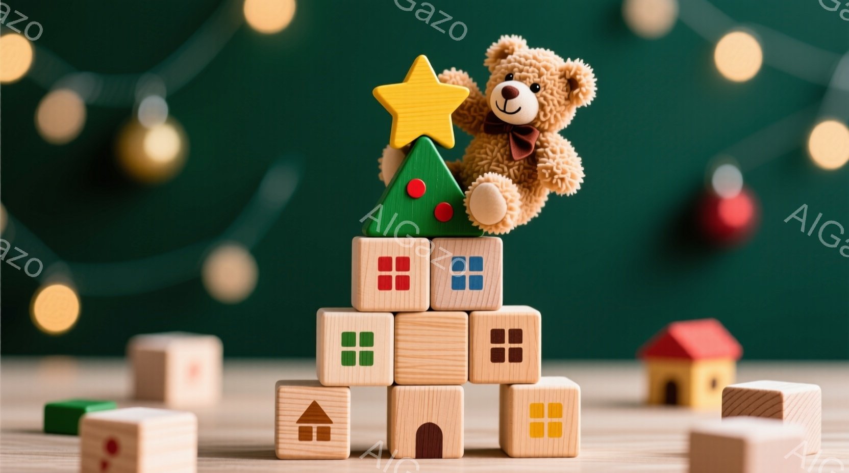 温かい緑色の背景に、木製のブロックで作られた小さな塔があり、その頂上に茶色のテディベアが座っています。テディベアは赤いリボンをつけており、笑顔で前を見つめています。背景にはぼやけた金色の光が点在し、小さなお家型のブロックがいくつか散らばり、クリスマスの雰囲気を感じさせる温かく居心地の良い光景です。