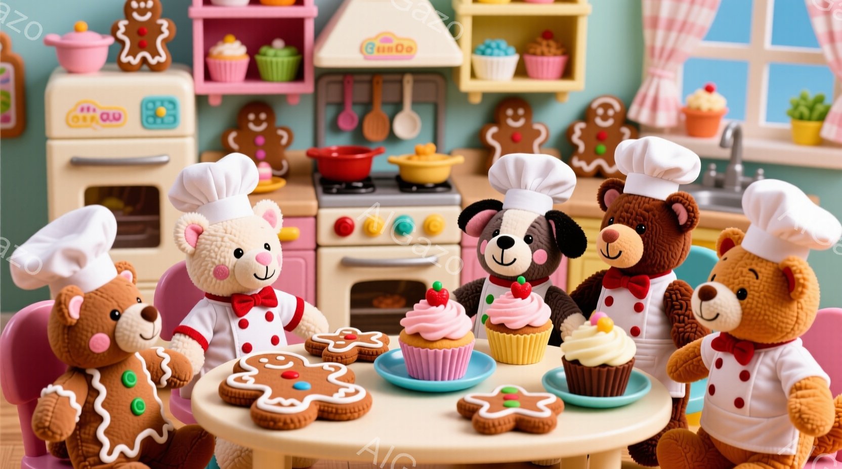 ぬいぐるみたちが料理をしている様子が描かれています。彼らは白いコックハットと赤い縁取りの白いエプロンを着ており、様々な焼き菓子を前に集まっています。背景には、おもちゃのようなキッチンと、ジンジャーブレ - AI生成フリー素材