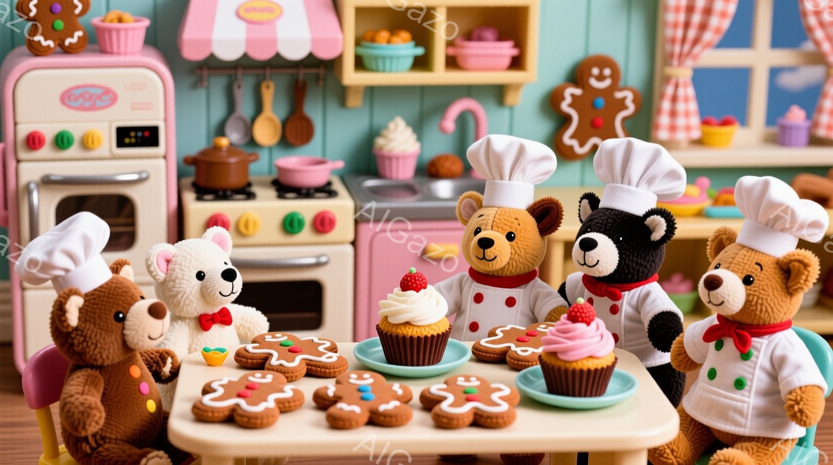 暖炉のある可愛らしいキッチンで、料理帽をかぶったテディベアたちが集まっています。彼らはクリームを塗ったカップケーキとジンジャーブレッドクッキーが並んだテーブルの周りに立ち、楽しそうに微笑んでいます。背 - AI生成フリー素材