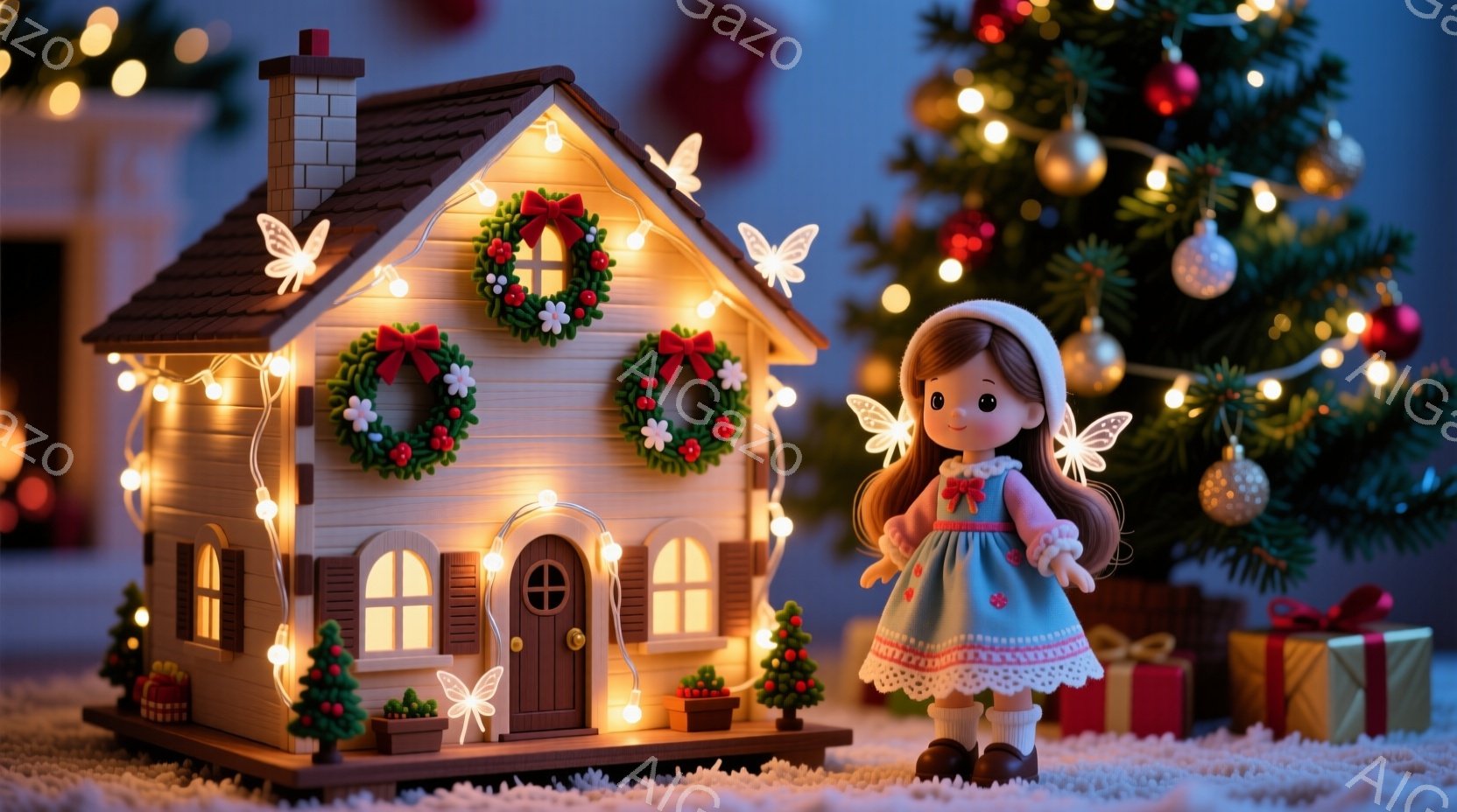 暖炉のある小さな木造の家が飾られており、クリスマスリースや小さな常緑樹が玄関先や窓辺に置かれています。小さな女の子の人形は、ピンク色のドレスに白い帽子をかぶり、両手を前に出して立っており、可愛らしい表 - AI生成フリー素材