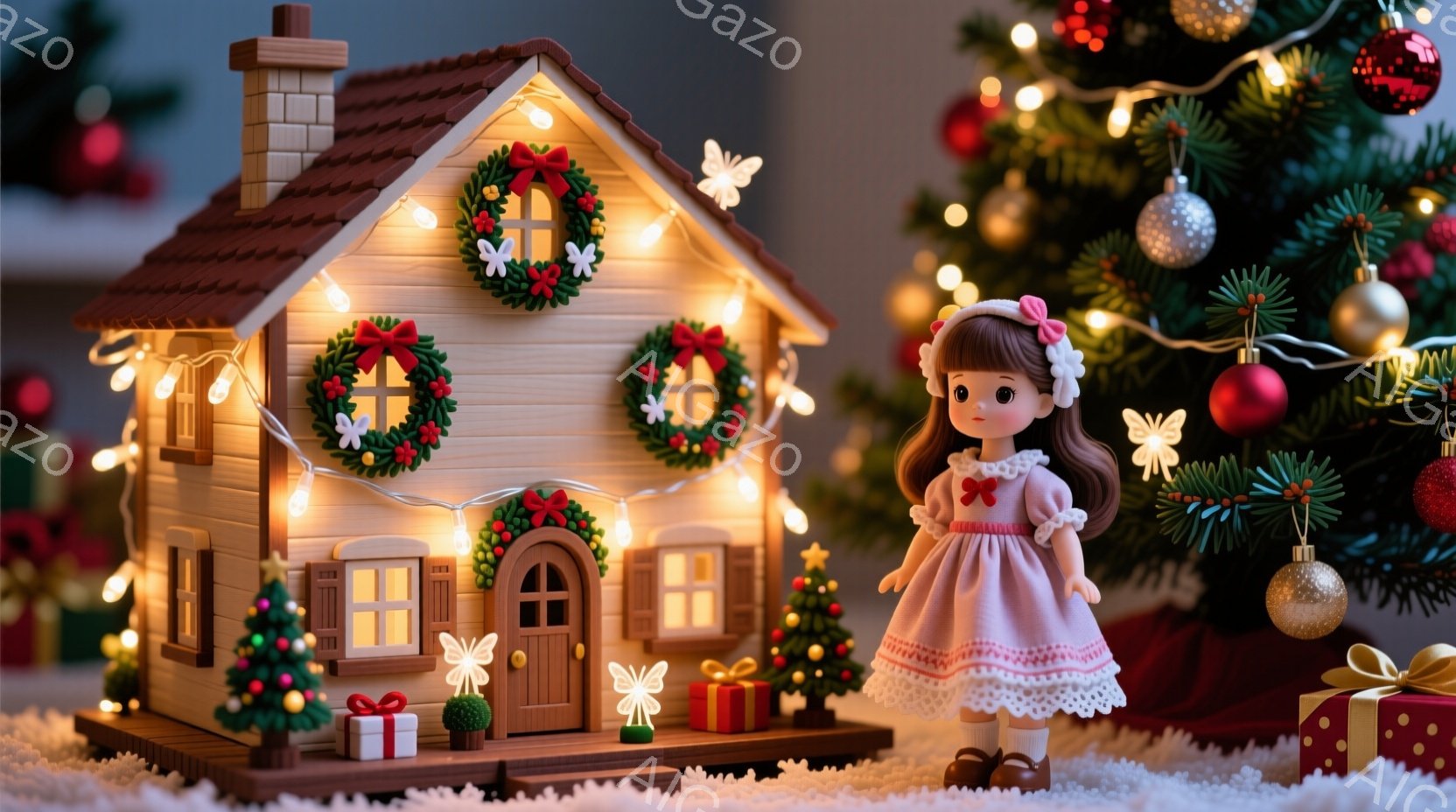 ピンク色のドレスを着た少女が、小さな家の模型の前に立っている。彼女は金色の髪をリボンで飾り、微笑んでいるように見える。背景にはクリスマスツリーが飾られ、暖かく、お祝いの雰囲気を醸し出している。 - AI生成フリー素材