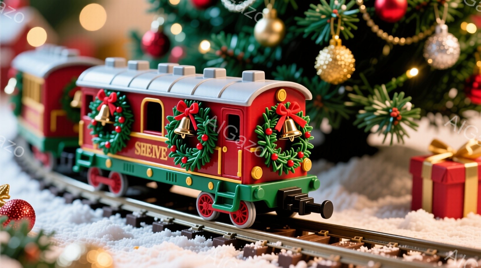 クリスマスをテーマにした鉄道模型の車両を捉えています。赤と緑を基調とした車両は、クリスマスの飾りで飾られ、雪が積もった線路の上を走っているように見えます。背景には、ぼやけたクリスマスツリーとプレゼント - AI生成フリー素材