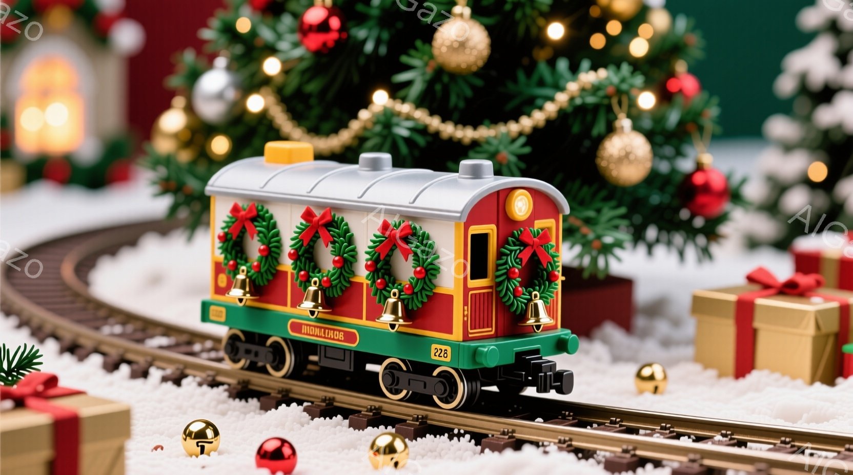 クリスマスツリーを背景に、装飾されたミニチュアの列車が雪の上に走っています。列車は緑のリースと赤いリボン、そして金色のベルで飾られ、クリスマスらしい雰囲気を醸し出しています。周囲にはプレゼントボックス - AI生成フリー素材