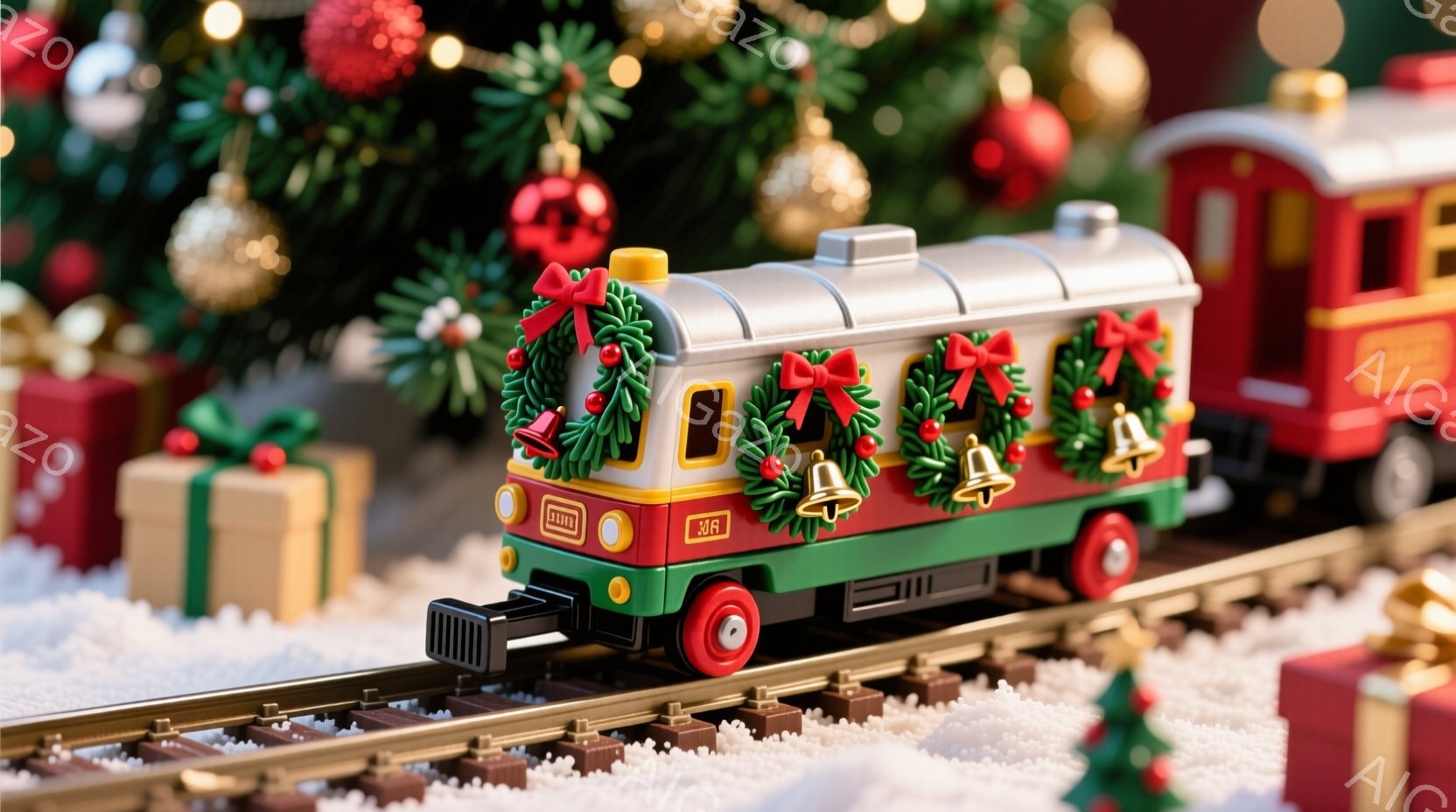クリスマスをテーマにしたミニチュアの列車が、雪の敷かれた線路上を走っている様子が描かれている。列車は赤と緑で装飾され、車体にクリスマスリースと鈴が取り付けられている。背景には、クリスマスツリーとギフト - AI生成フリー素材