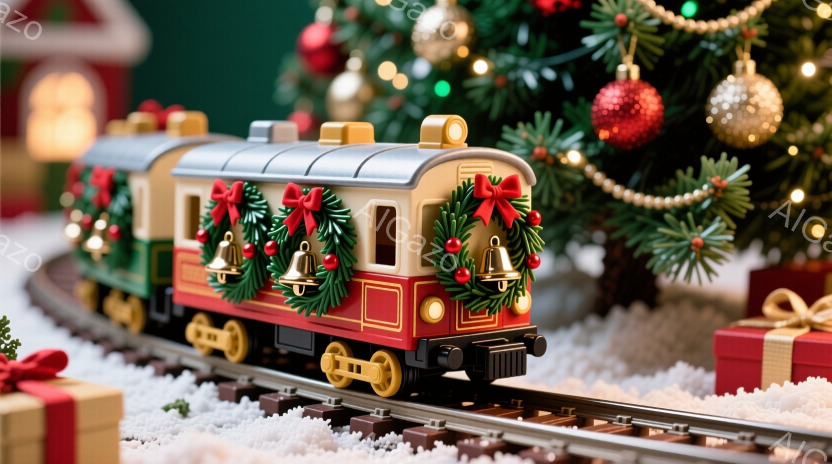 クリスマスツリーを背景に、赤と白の装飾が施されたミニチュアの列車が線路の上を走っている。列車にはクリスマスリースとベルが飾られており、周囲にはプレゼントの箱が散らばっている様子から、クリスマスの温かく - AI生成フリー素材