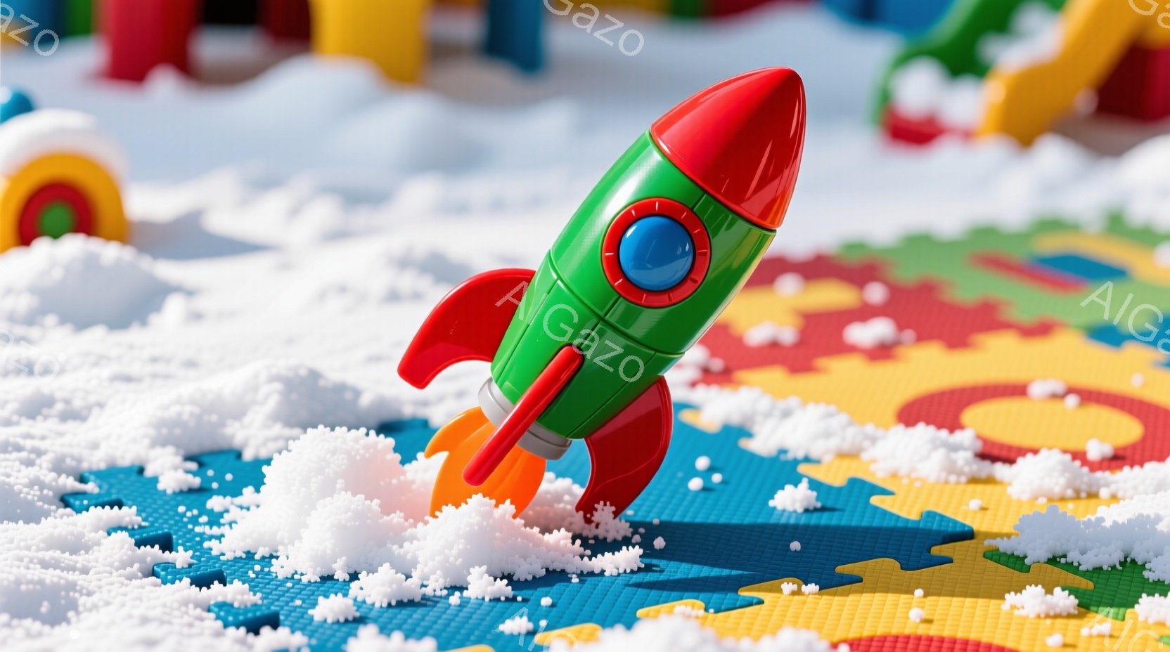 明るい色合いのパズルマットの上に、赤いロケットのおもちゃが置かれています。ロケットは空中に舞い上がっているように見え、周囲には白い綿のようなものが散らばっており、まるで打ち上げの瞬間を捉えたかのようで - AI生成フリー素材