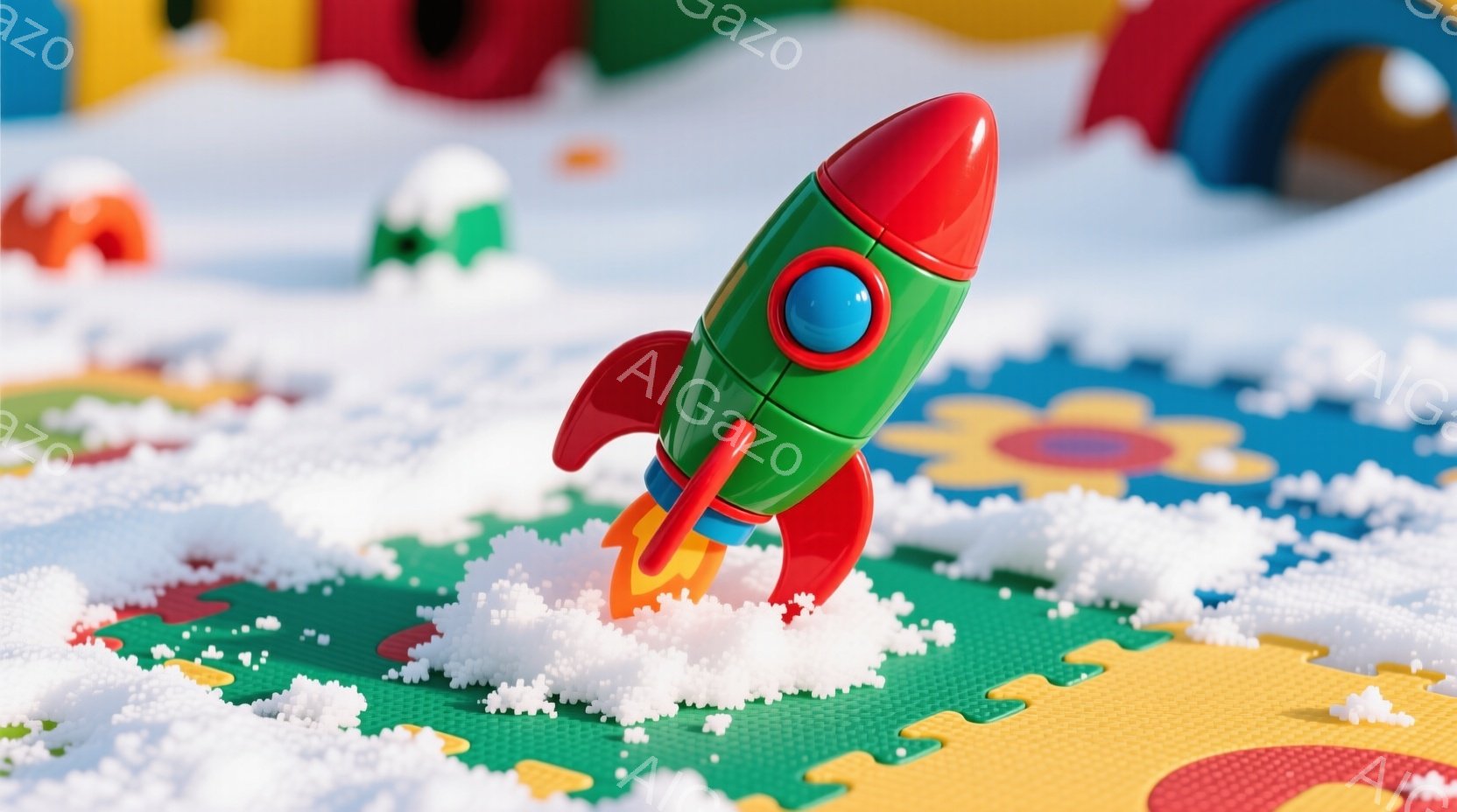 赤と緑のロケットが、白いスポンジのような素材の煙の中に立っている様子が写っている。背景には、カラフルなパズルマットが敷かれ、様々な色のブロックのおもちゃが散らばっている。全体的に明るく、子供らしい遊び - AI生成フリー素材