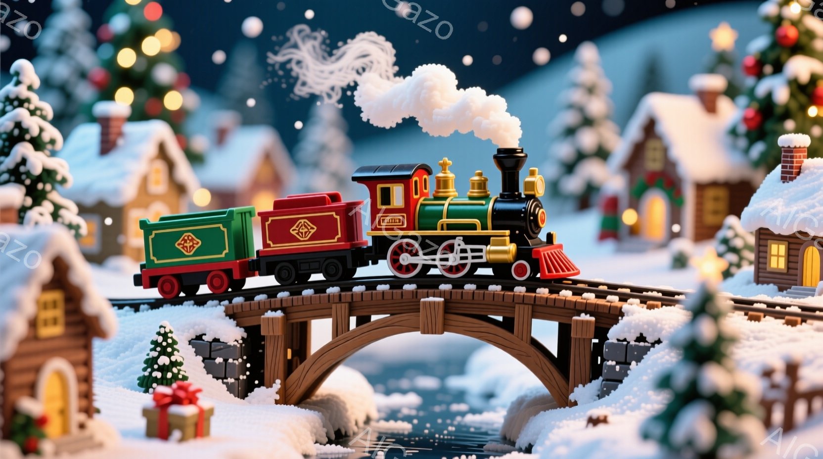 雪の降る夜、おもちゃのような蒸気機関車が木製のアーチ橋の上を走っています。周囲には雪で覆われた小さなお家やクリスマスツリー、プレゼントの箱が配置され、暖かく幻想的な雰囲気を醸し出しています。夜空には星 - AI生成フリー素材