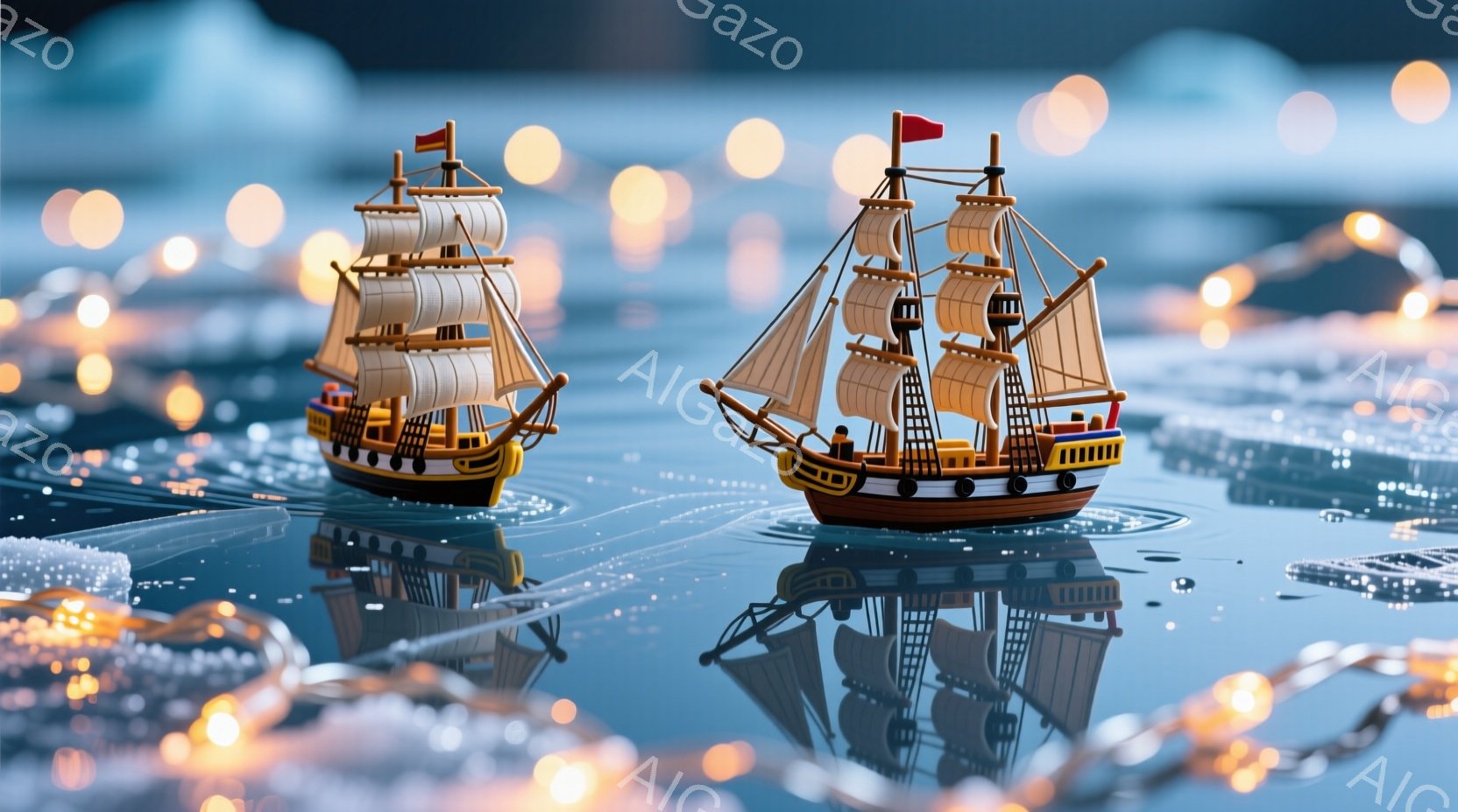 2隻の小さな帆船が、水面に映る光の反射の上に浮かんでいます。船は白と茶色の帆を持ち、それぞれのマストには旗が掲げられています。背景はぼやけた光の玉で満たされ、幻想的で穏やかな雰囲気を醸し出しています。 - AI生成フリー素材
